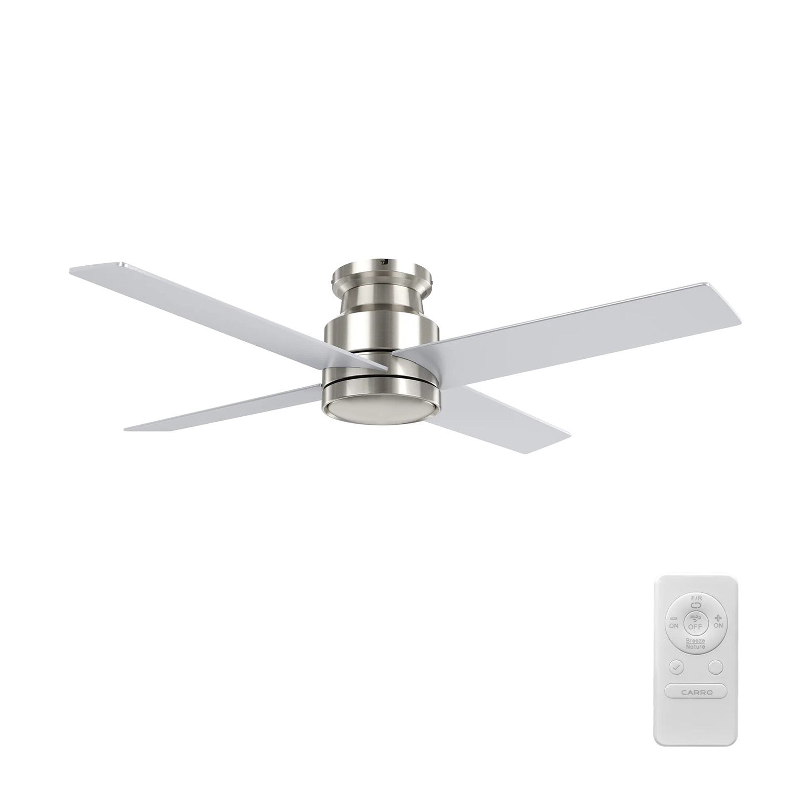 Carro Santana 52in 4-Blade Flush Mount Ceiling Fan | Modern Brushed Nickel Plywood Blades | Living Room & Bedroom | 52 x 52 x | Model CFR524E5-N10-SJ-1-FM