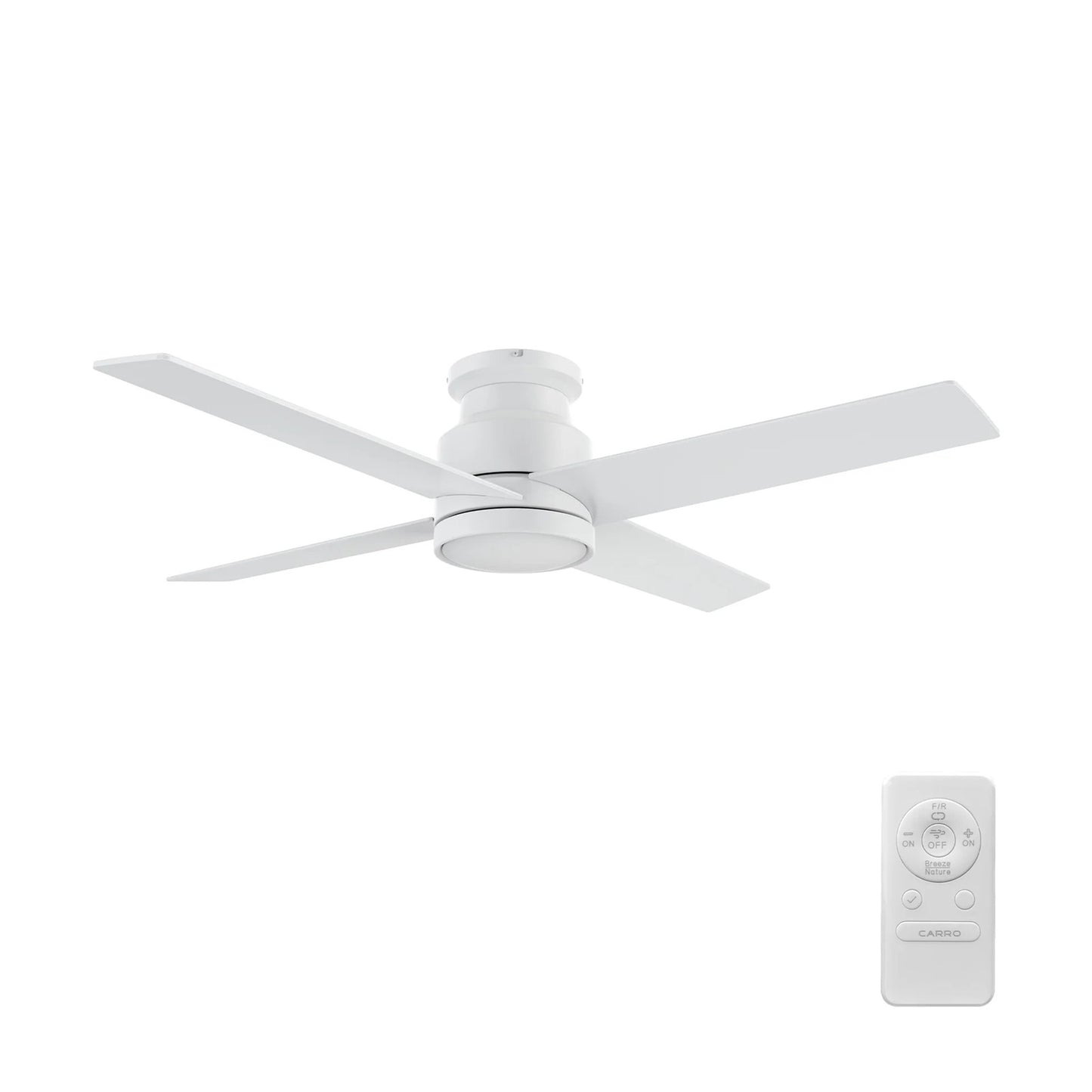Carro Santana 52in 4-Blade Flush Mount Ceiling Fan | White Plywood Blades and White Finish | Low Ceilings & Bedrooms | 52 x | Model CFR524E5-N10-W1-1-FM