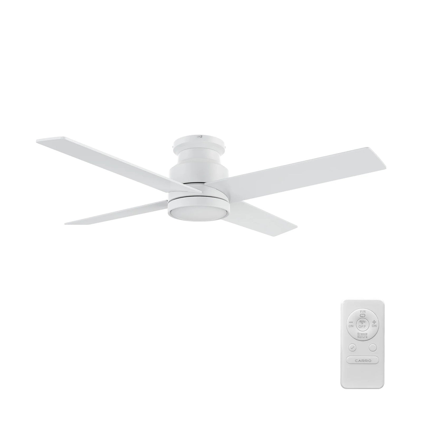 Carro Santana 52in 4-Blade Flush Mount Ceiling Fan | White Plywood Blades and White Finish | Low Ceilings & Bedrooms | 52 x | Model CFR524E5-N10-W1-1-FM