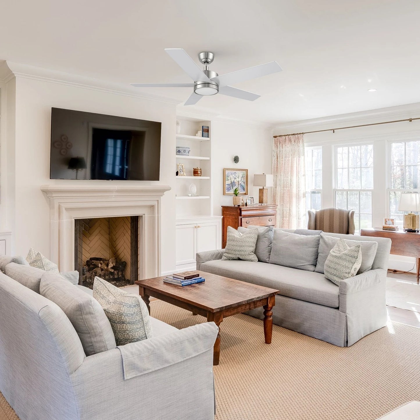 Carro Santana 52in Ceiling Fan | Brushed Nickel Plywood Blades and Integrated LED | Living Room & Bedroom | 52 x 52 x 15 in | Model CFR525E5-L11-SJ-1