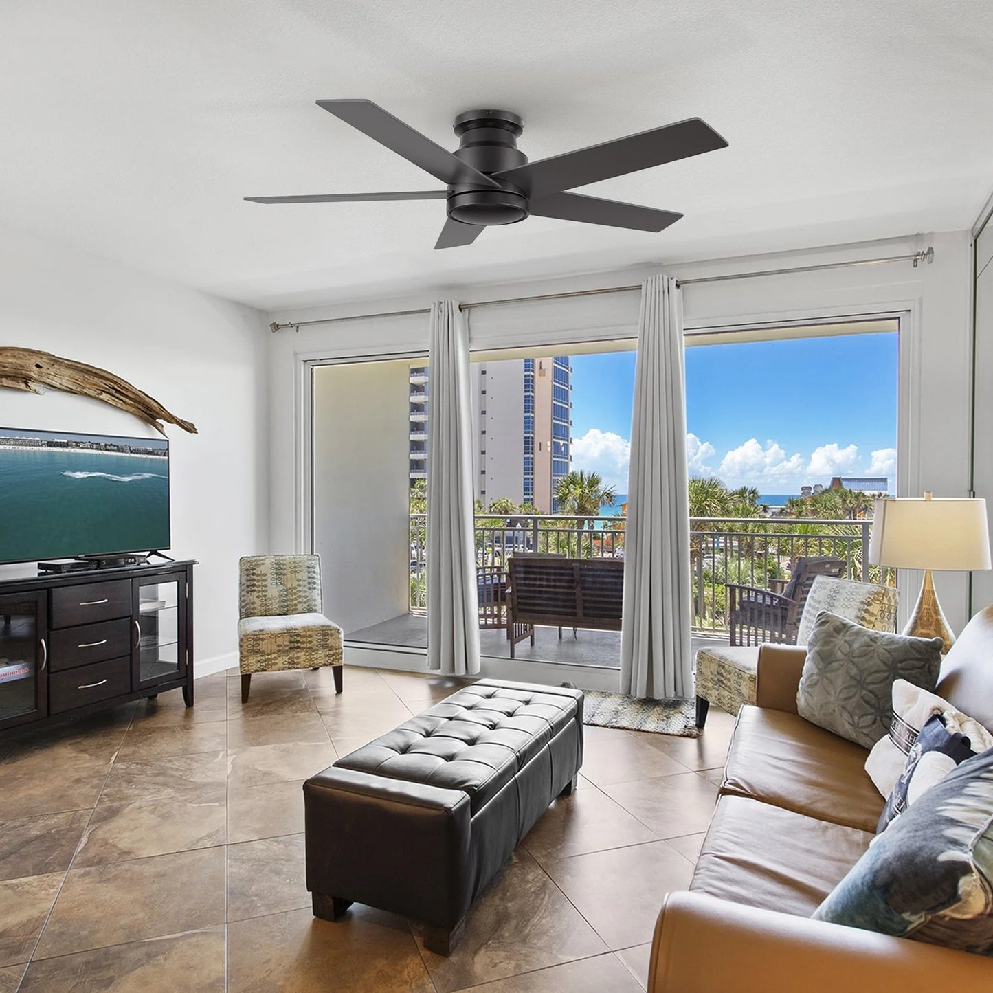 Carro Santana 52in 5-Blade Flush Mount Ceiling Fan | Black Plywood Blades and Remote Control | Living Room & Bedroom | 52 x | Model CFR525E5-N10-B2-1-FM
