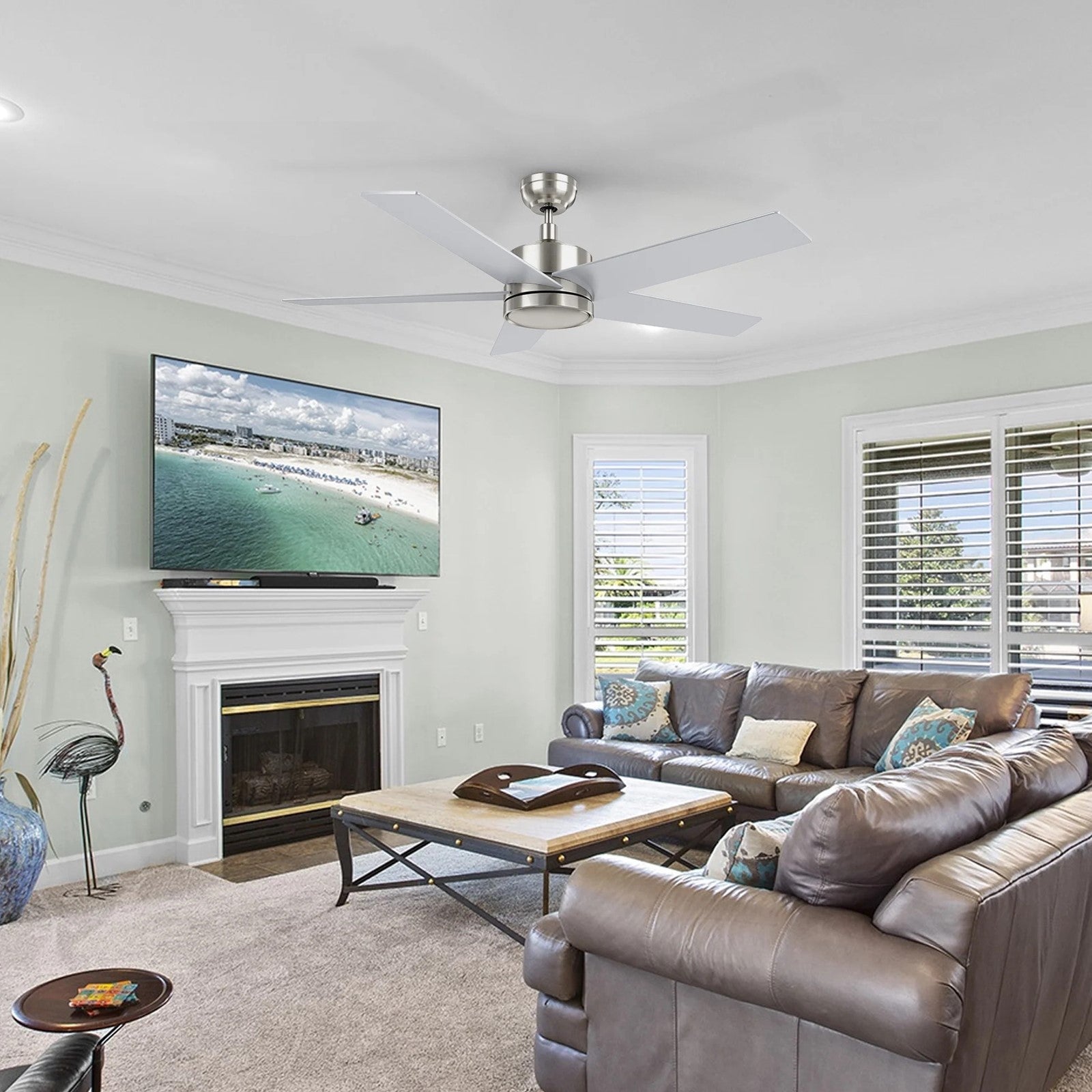 Carro Santana 52in 5-Blade Ceiling Fan | Brushed Nickel Plywood Blades and Remote Control | Living Room & Bedroom | 52 x 52 x 15 | Model CFR525E5-N10-SJ-1