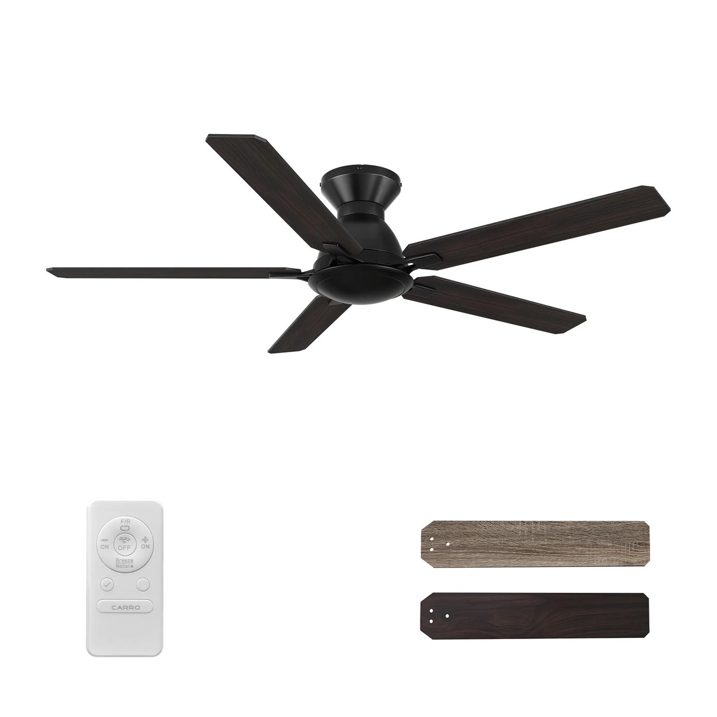 Carro Dunkirk 52in 5-Blade Flush Mount Ceiling Fan | Black Barnwood Plywood Blades | Indoor Living Room & Bedroom | 52 x 52 x | Model CFR525J-N10-BG-1-FM