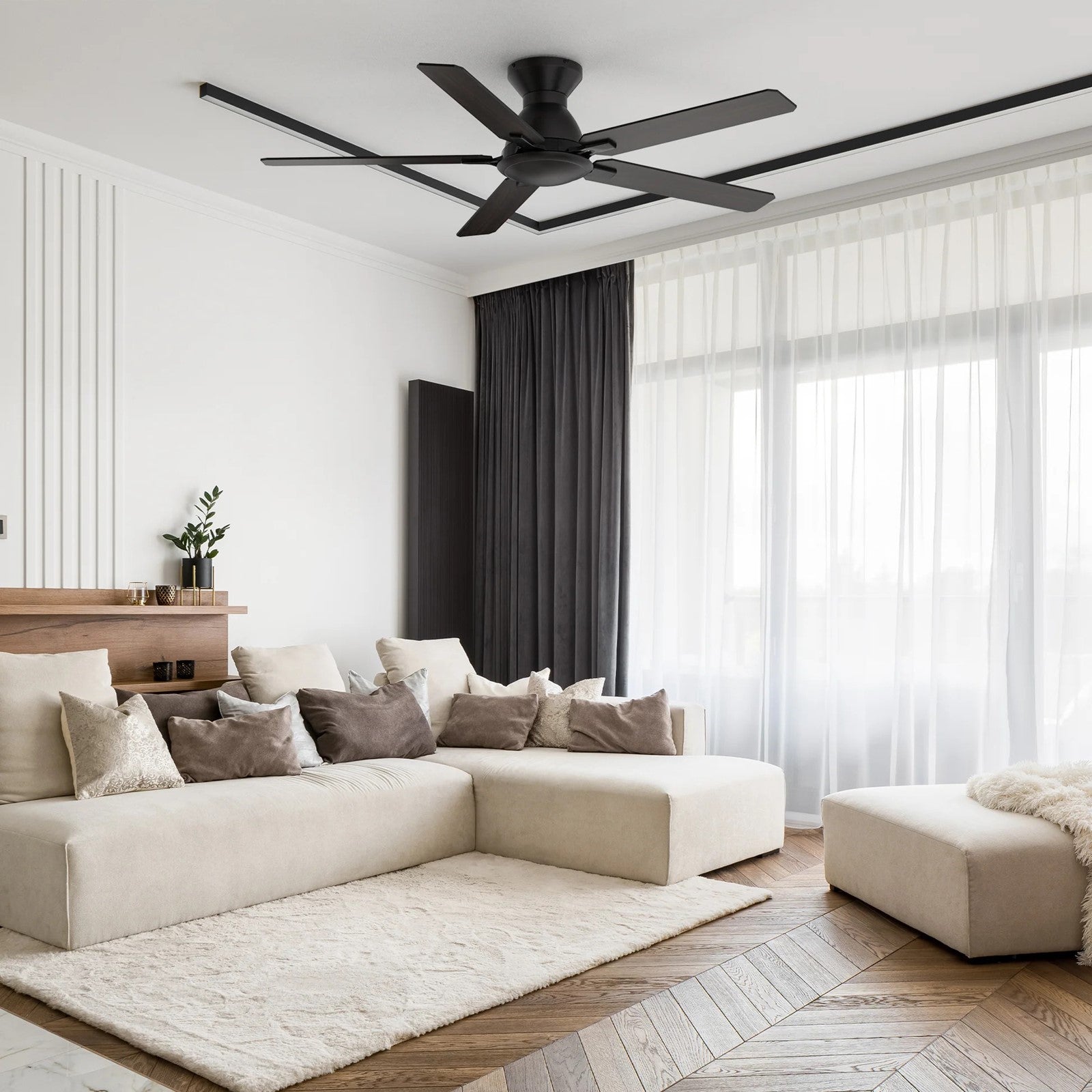 Carro Dunkirk 52in 5-Blade Flush Mount Ceiling Fan | Black Barnwood Plywood Blades | Indoor Living Room & Bedroom | 52 x 52 x | Model CFR525J-N10-BG-1-FM