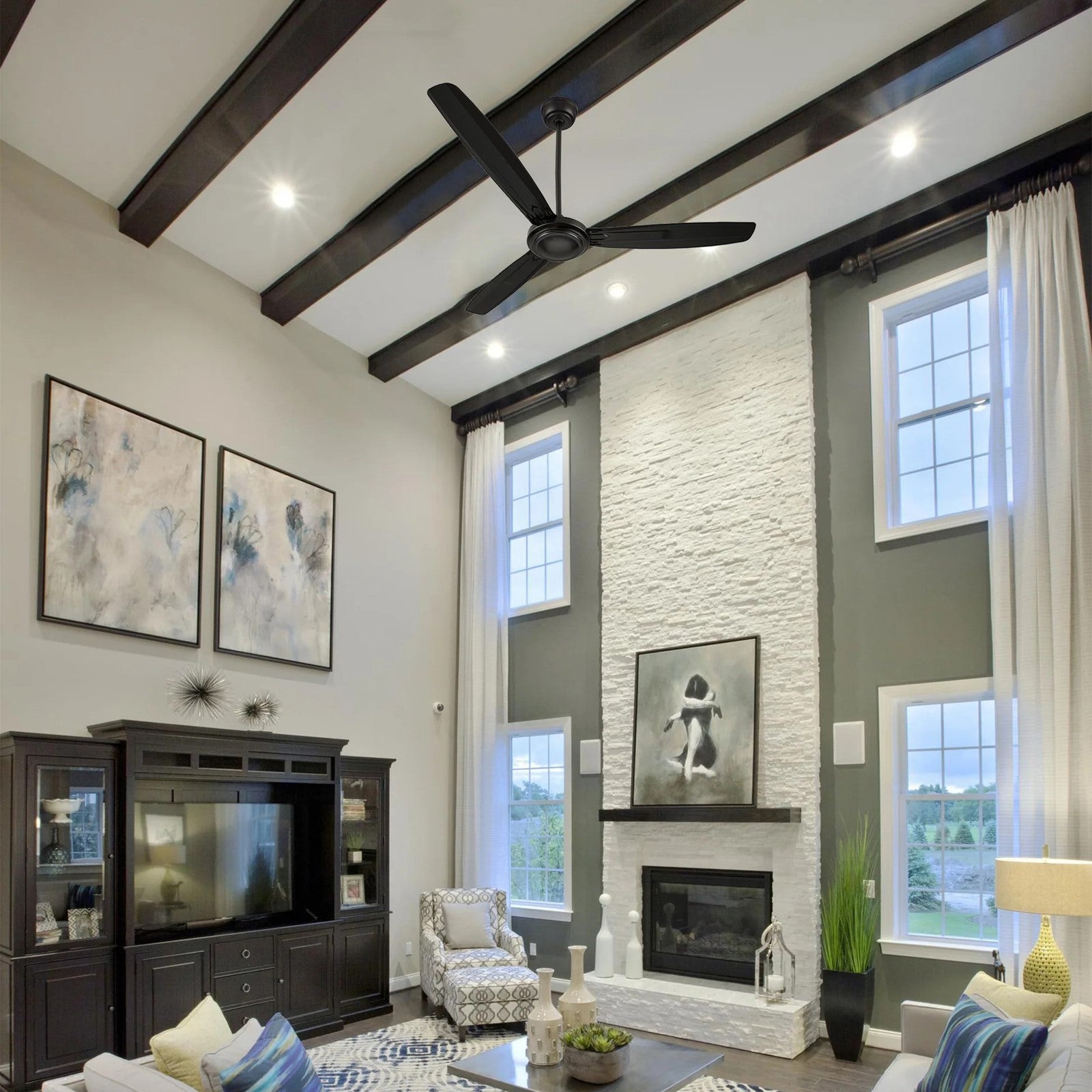 Carro Oberon 56in 3-Blade Ceiling Fan | Black Iron Blades and Remote | Living Room & High Ceilings | 18.3 x 56 x 56 in | Model CFR563Z1-N10-B2-1
