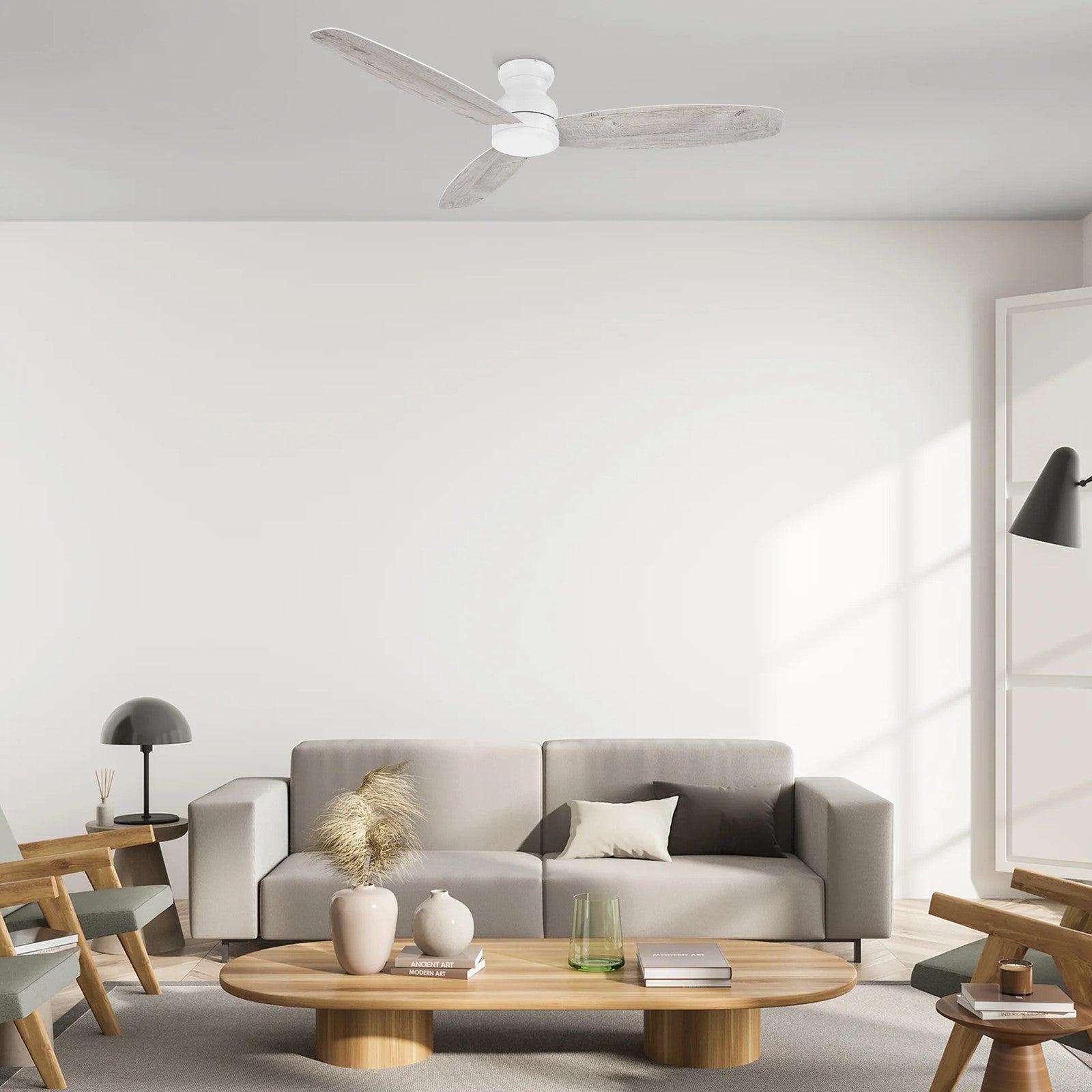 Carro Stanley 60in 3-Blade Flush Ceiling Fan | Modern White Plywood | Living Room & Bedroom | 60 x 60 x 10.8 in | Model CFR603Q-N10-WP-1-FM