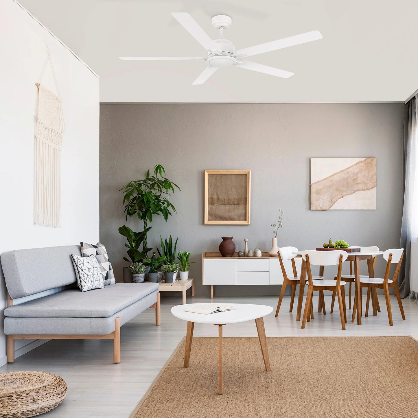 Carro Dunkirk 60in 5-Blade Ceiling Fan | Modern White Plywood Blades | Indoor Living Room & Bedroom | 60 x 60 x 13.8 in | Model CFR605J-N10-W1-1
