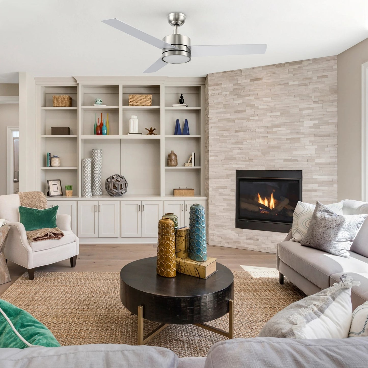 Carro Santana 52in 3-Blade Ceiling Fan | Modern Brushed Nickel Plywood and LED Light | Living Room & Bedroom | 52 x 52 x 15 in | Model CFW523E5-L12-SJ-1