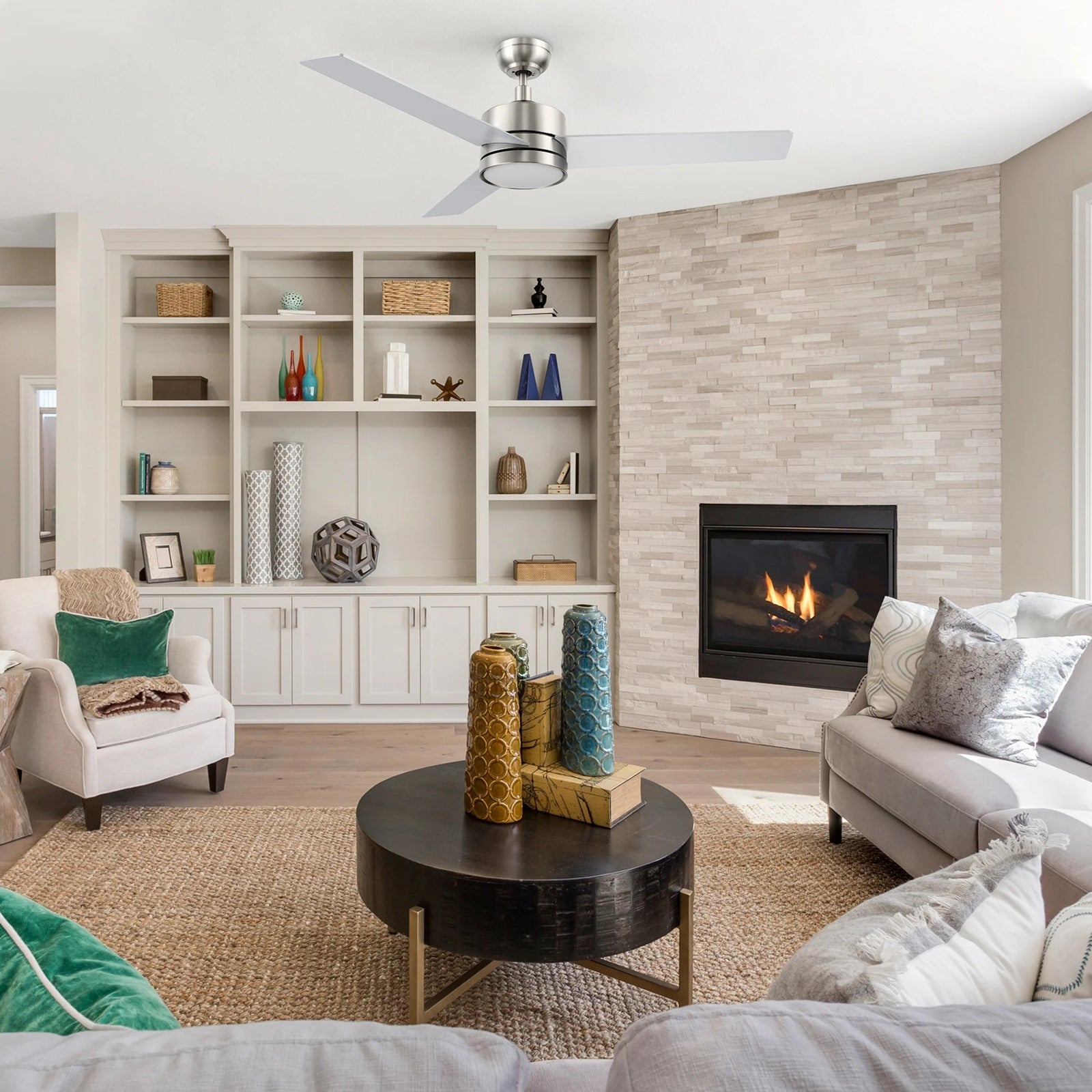 Carro Santana 52in 3-Blade Ceiling Fan | Modern Brushed Nickel Plywood and LED Light | Living Room & Bedroom | 52 x 52 x 15 in | Model CFW523E5-L12-SJ-1