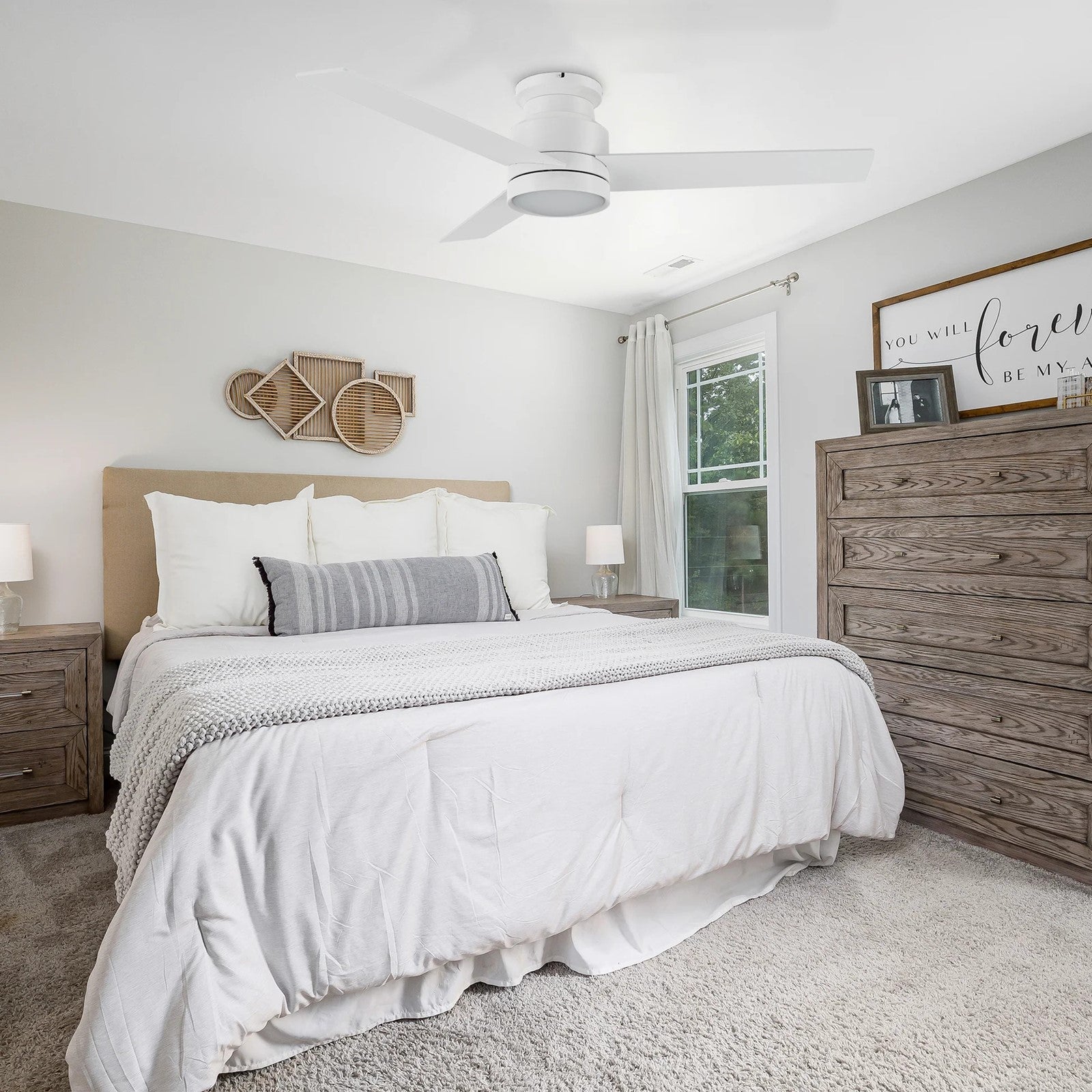 Carro Santana 52in Flush Mount Ceiling Fan | White Plywood Blades and Integrated LED | Low Ceiling & Bedroom | 52 x 52 x 11 in | Model CFW523E5-L12-W1-1-FM