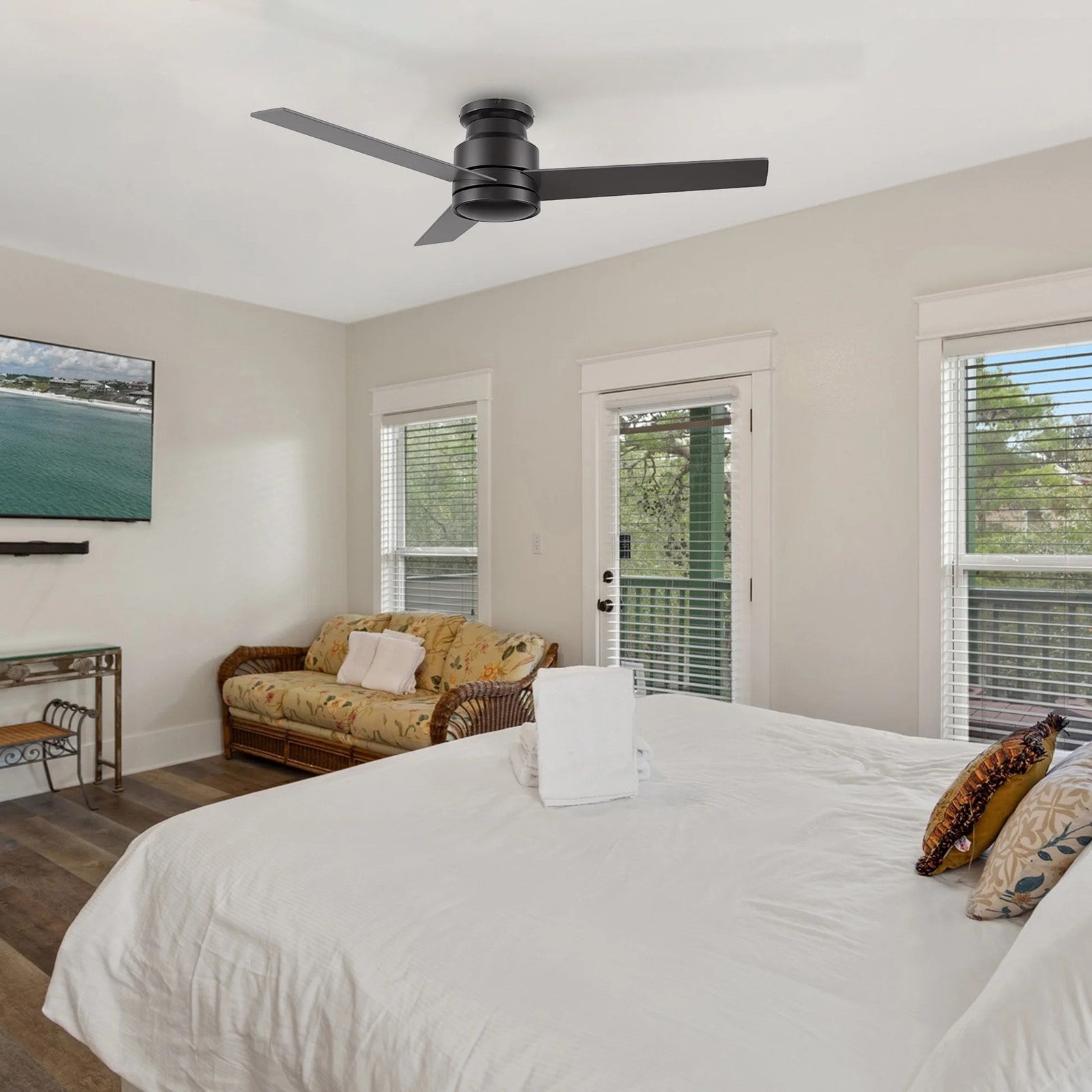 Carro Santana 52in Flush Mount Ceiling Fan | Black Plywood Blades and Wall Control | Low Ceiling & Bedroom | 52 x 52 x 11 in | Model CFW523E5-N10-B2-1-FM
