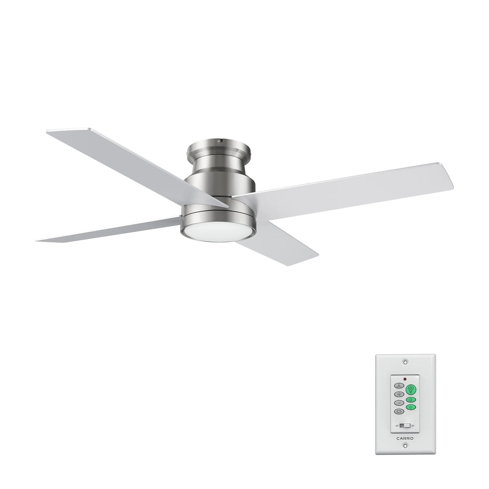 Carro Santana 52in 4-Light Flush Mount Ceiling Fan | Brushed Nickel Plywood Blades | Living Room & Bedroom | 52 x 52 x 11 in | Model CFW524E5-L12-SJ-1-FM