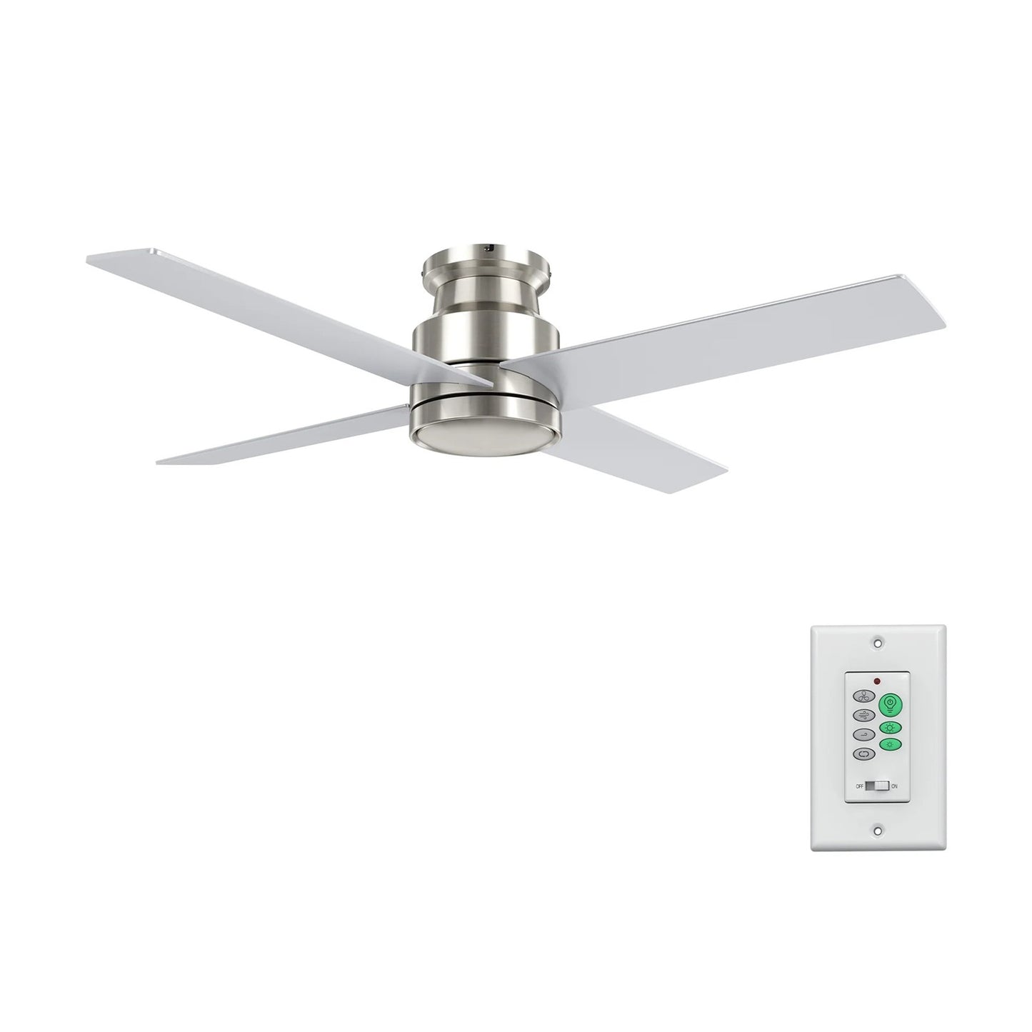 Carro Santana 52in 4-Blade Flush Mount Ceiling Fan | Modern Brushed Nickel and Plywood | Indoor Low Ceiling & Bedroom | 52 x | Model CFW524E5-N10-SJ-1-FM