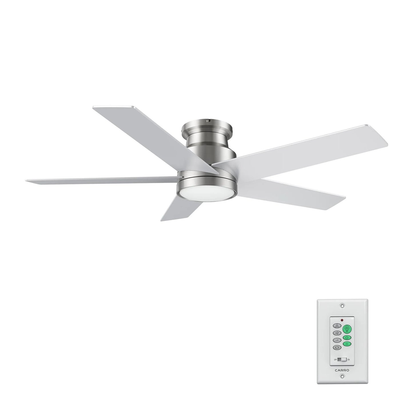 Carro Santana 52in 5-Blade Flush Mount Ceiling Fan | Brushed Nickel Plywood Blades with Integrated LED | Indoor Living Room & | Model CFW525E5-L11-SJ-1-FM
