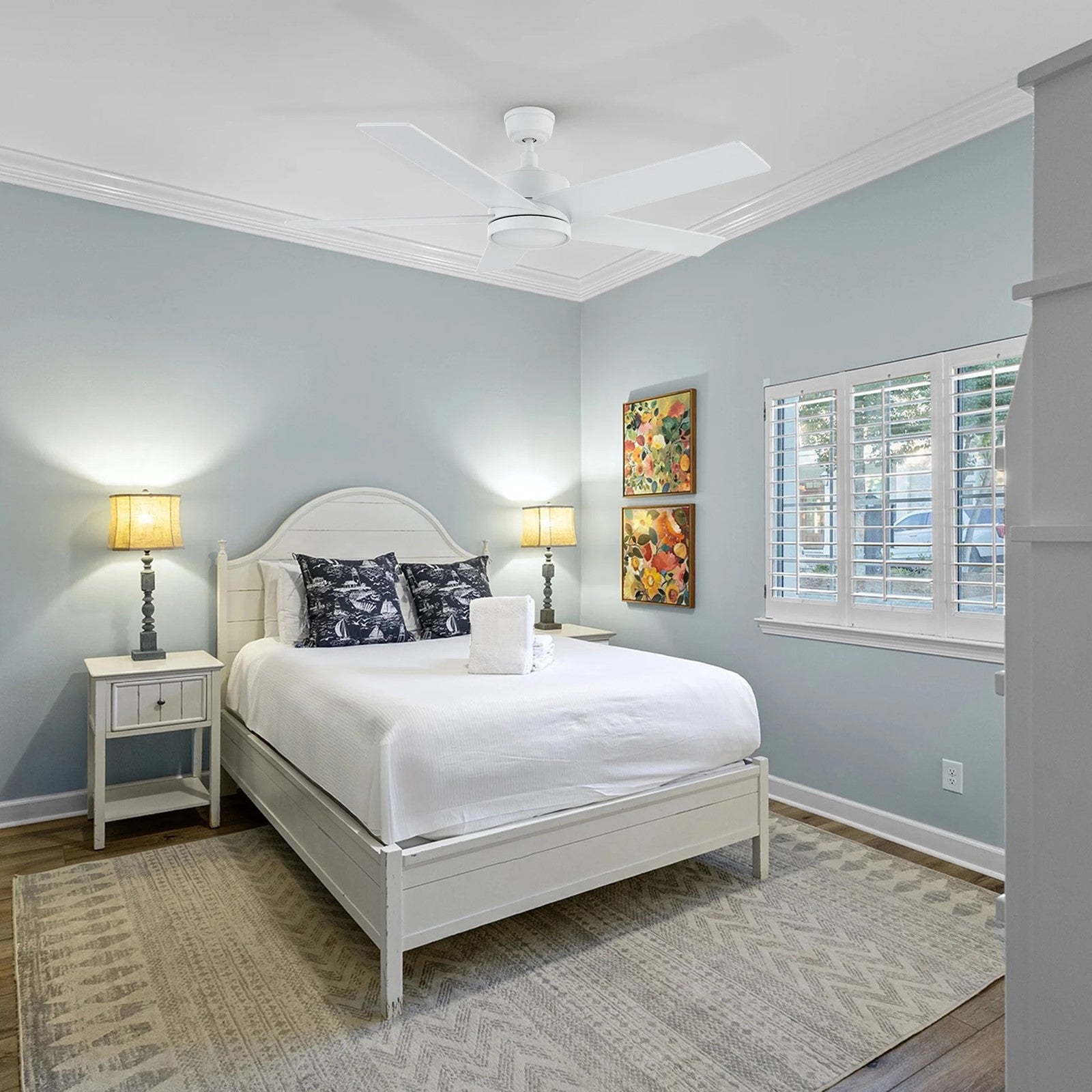 Carro Santana 52in Ceiling Fan | Modern White Plywood Blades | Indoor Living Room & Bedroom | 52 x 52 x 15 in, DC Motor, Wall | Model CFW525E5-N10-W1-1