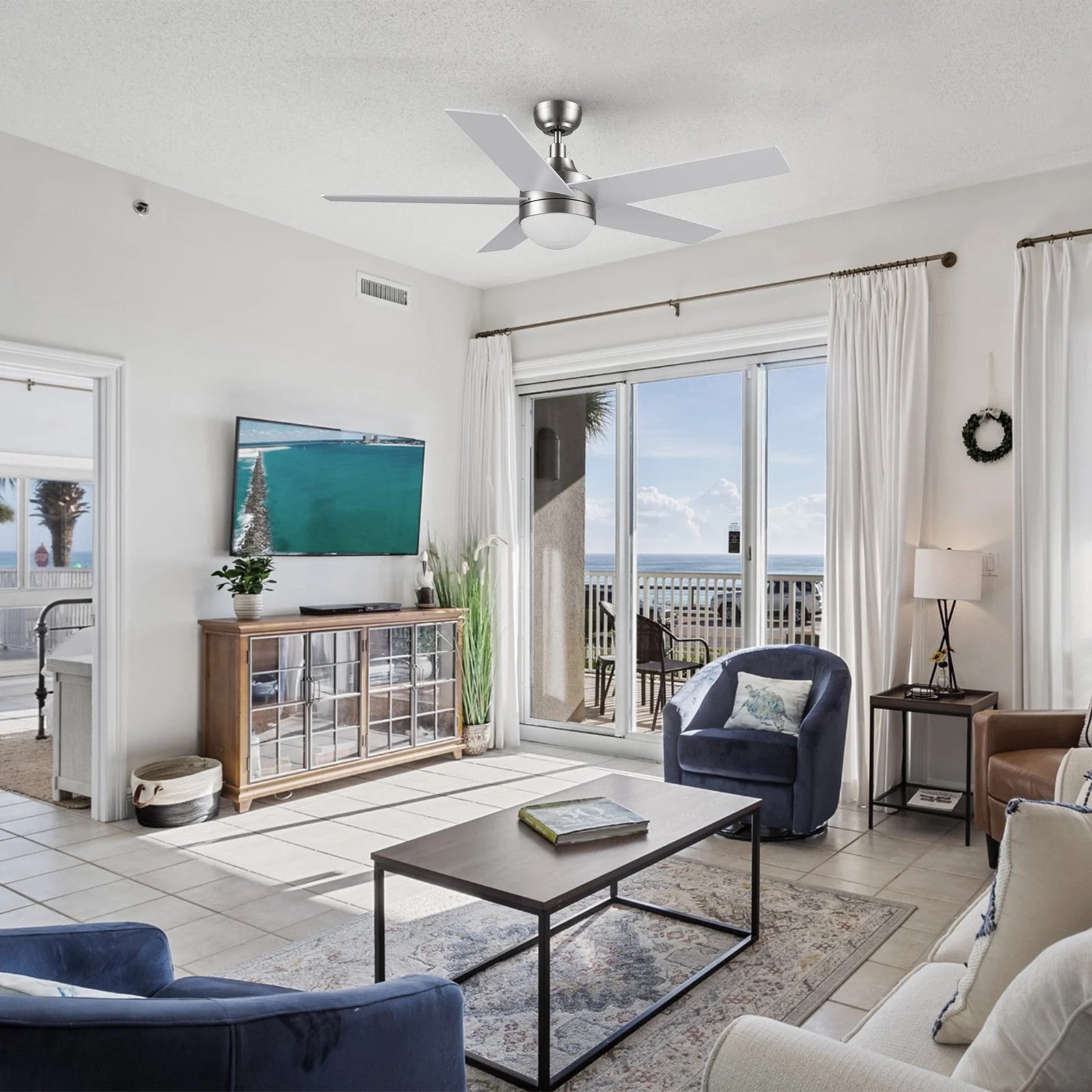 Carro Kimball 52in Ceiling Fan with LED Light | Modern Brushed Nickel Plywood Blades | Indoor Living Room & Bedroom | 52 x 52 x | Model CFW525E6-L11-SJ-1