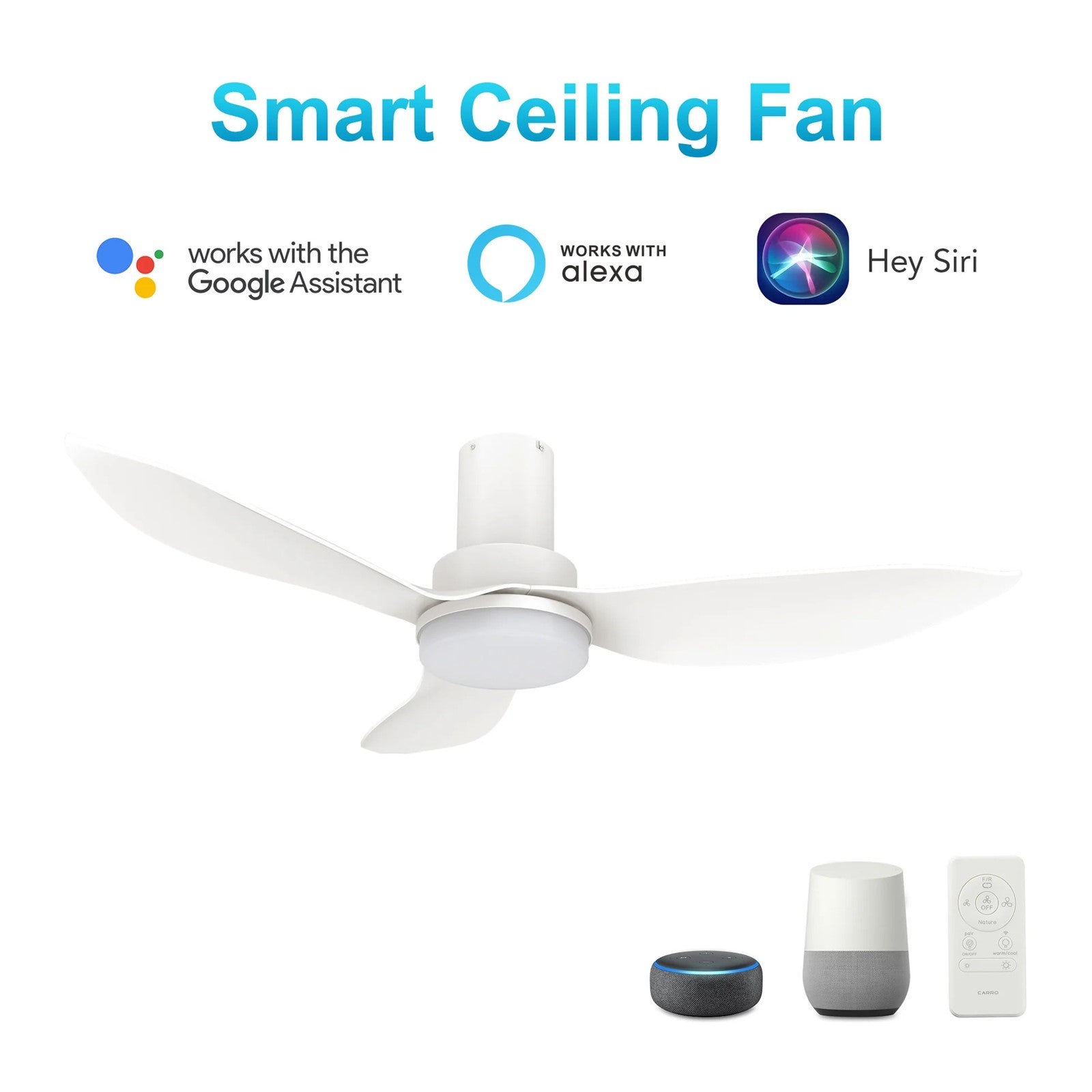 Carro Ryna 36in 3-Blade Flush Smart Ceiling Fan | Modern White PP with LED Light | Bedroom & Small Living Room | 11.2 x 36 x | Model SFR363V2-L12-W1-1-FM