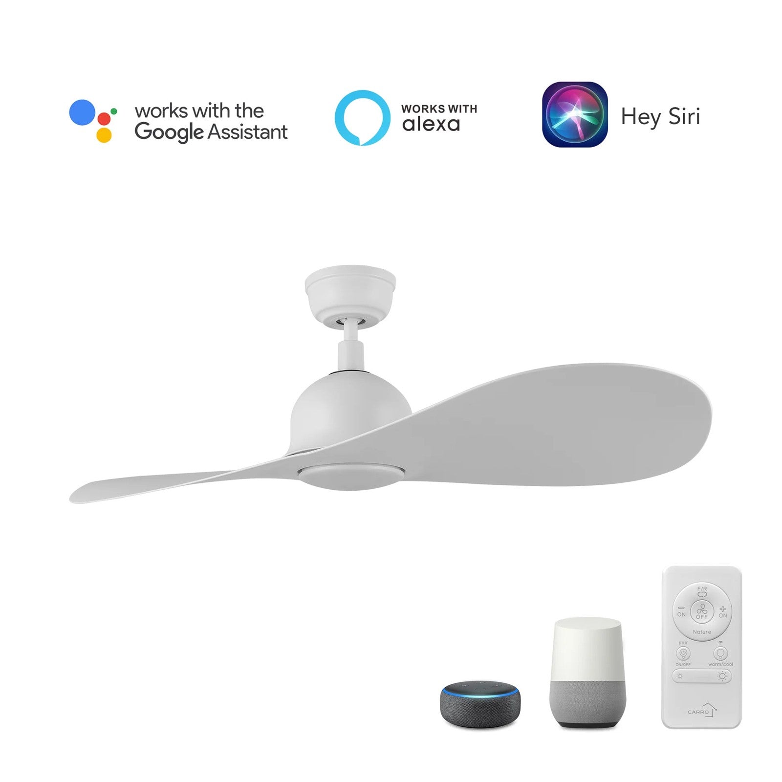 Carro Mako 42in 2-Blade Smart Ceiling Fan | Modern White ABS and Integrated LED | Living Room & Bedroom | 13.6 x 42 x 42 in | Model SFR422G2-L11-W1-1