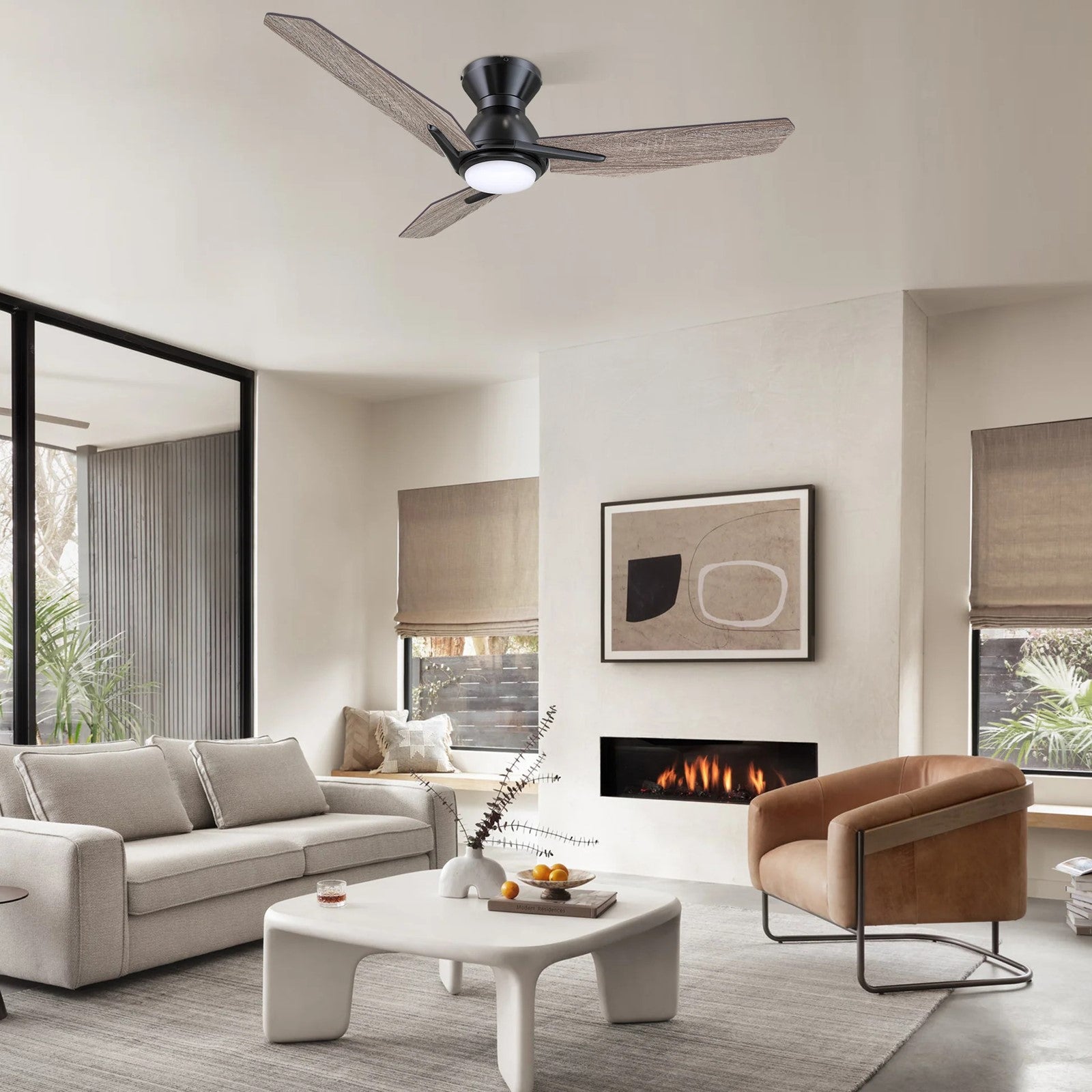 Carro Calen 44in 3-Blade Flush Mount Smart Ceiling Fan | Modern Black Barnwood Plywood and Integrated LED | Living Room & | Model SFR443J3-L11-BS-1-FM