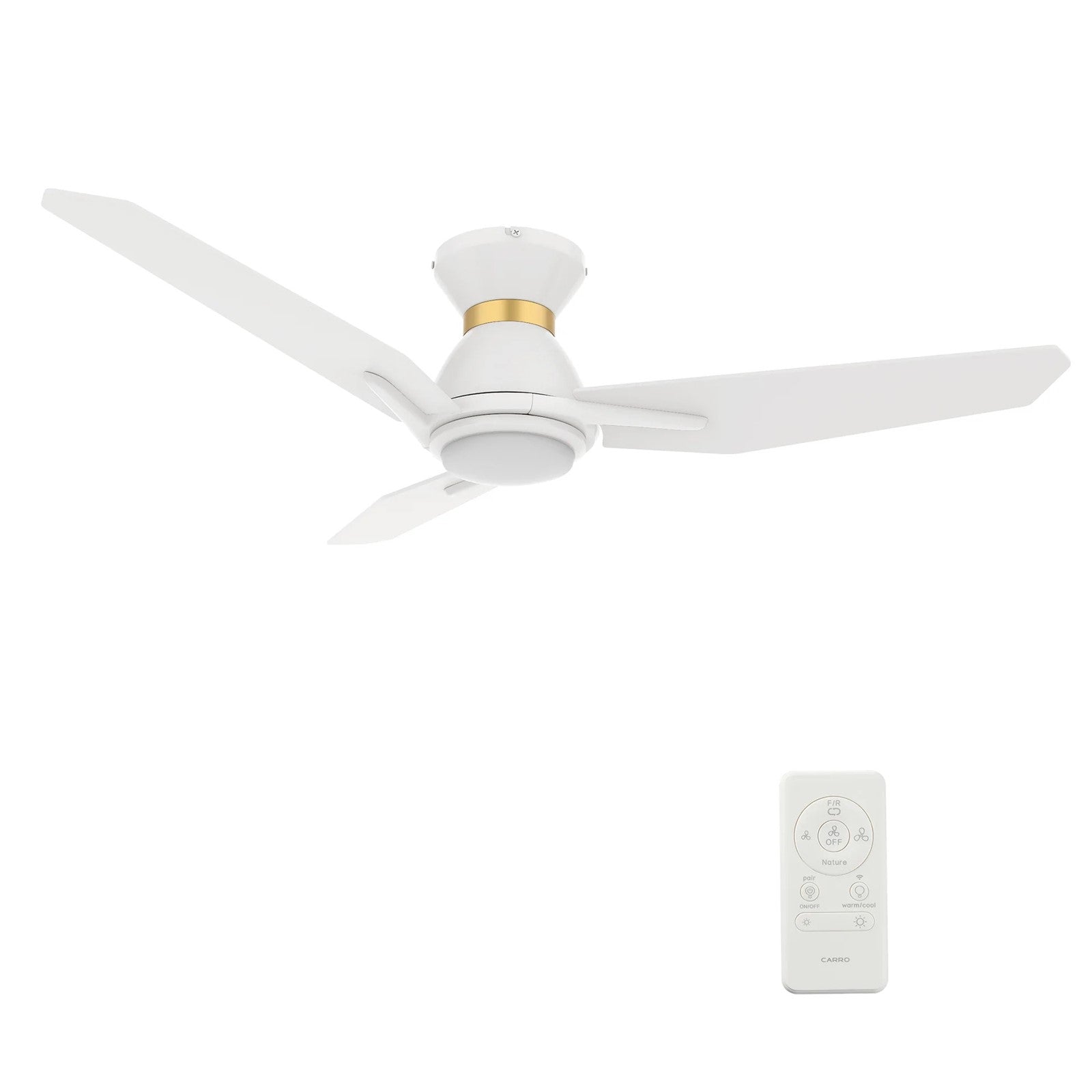 Carro Calen 44in 3-Blade Flush Smart Ceiling Fan | Modern White Gold Plywood | Living Room & Bedroom | 44 x 44 x 10.4 in | Model SFR443J3-L11-W1-1-FMA