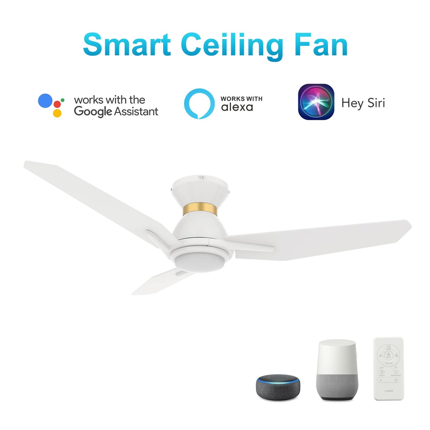 Carro Calen 44in 3-Blade Flush Smart Ceiling Fan | Modern White Gold Plywood | Living Room & Bedroom | 44 x 44 x 10.4 in | Model SFR443J3-L11-W1-1-FMA