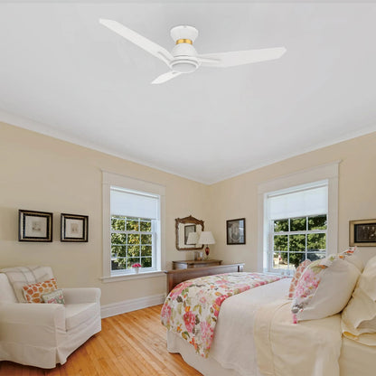 Carro Calen 44in 3-Blade Flush Smart Ceiling Fan | Modern White Gold Plywood | Living Room & Bedroom | 44 x 44 x 10.4 in | Model SFR443J3-L11-W1-1-FMA
