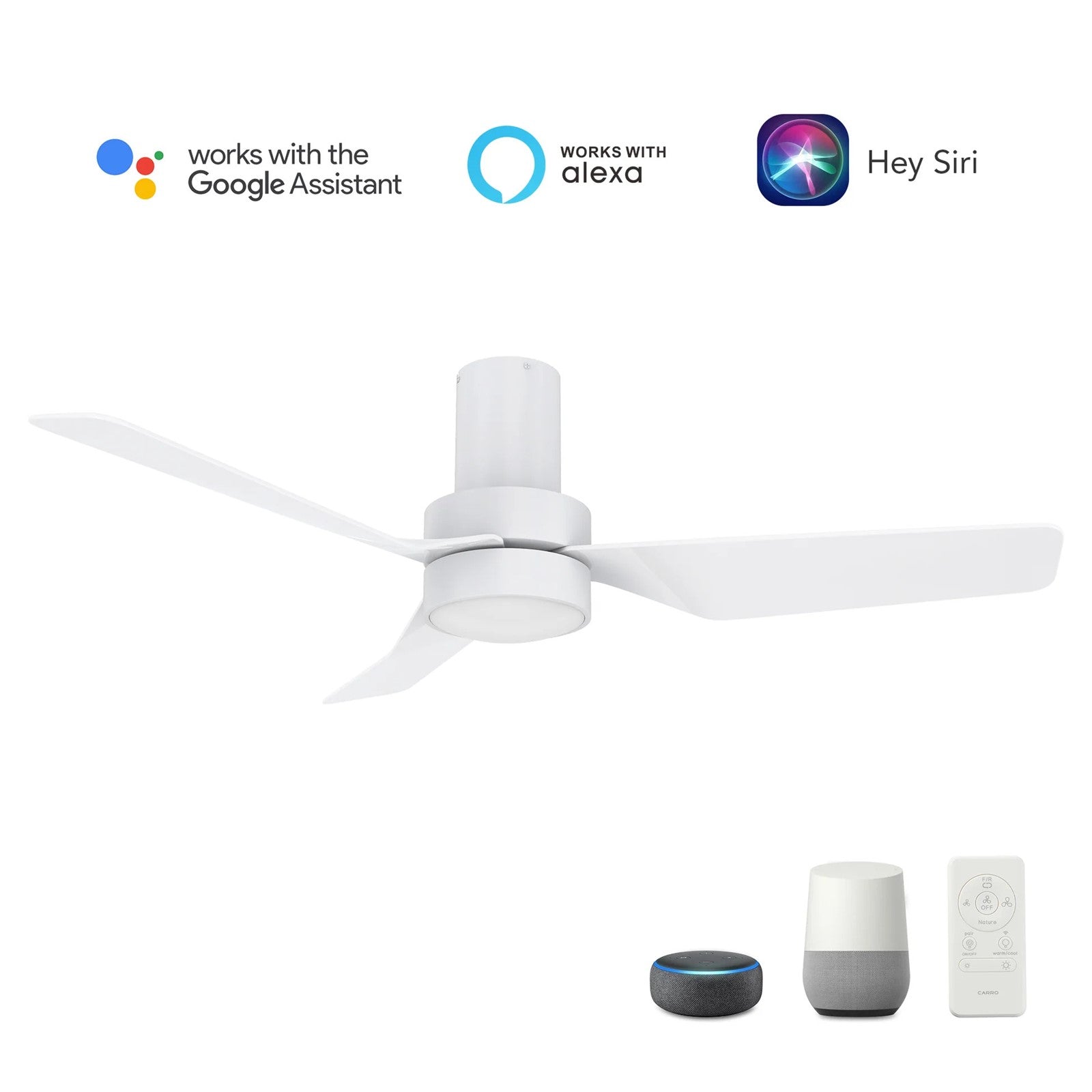 Carro Porter 44in 3-Blade Flush Smart Ceiling Fan | Modern White ABS | Living Room & Bedroom | 44 x 44 x 11.7 in | Model SFR443N2-L11-W1-1-FM