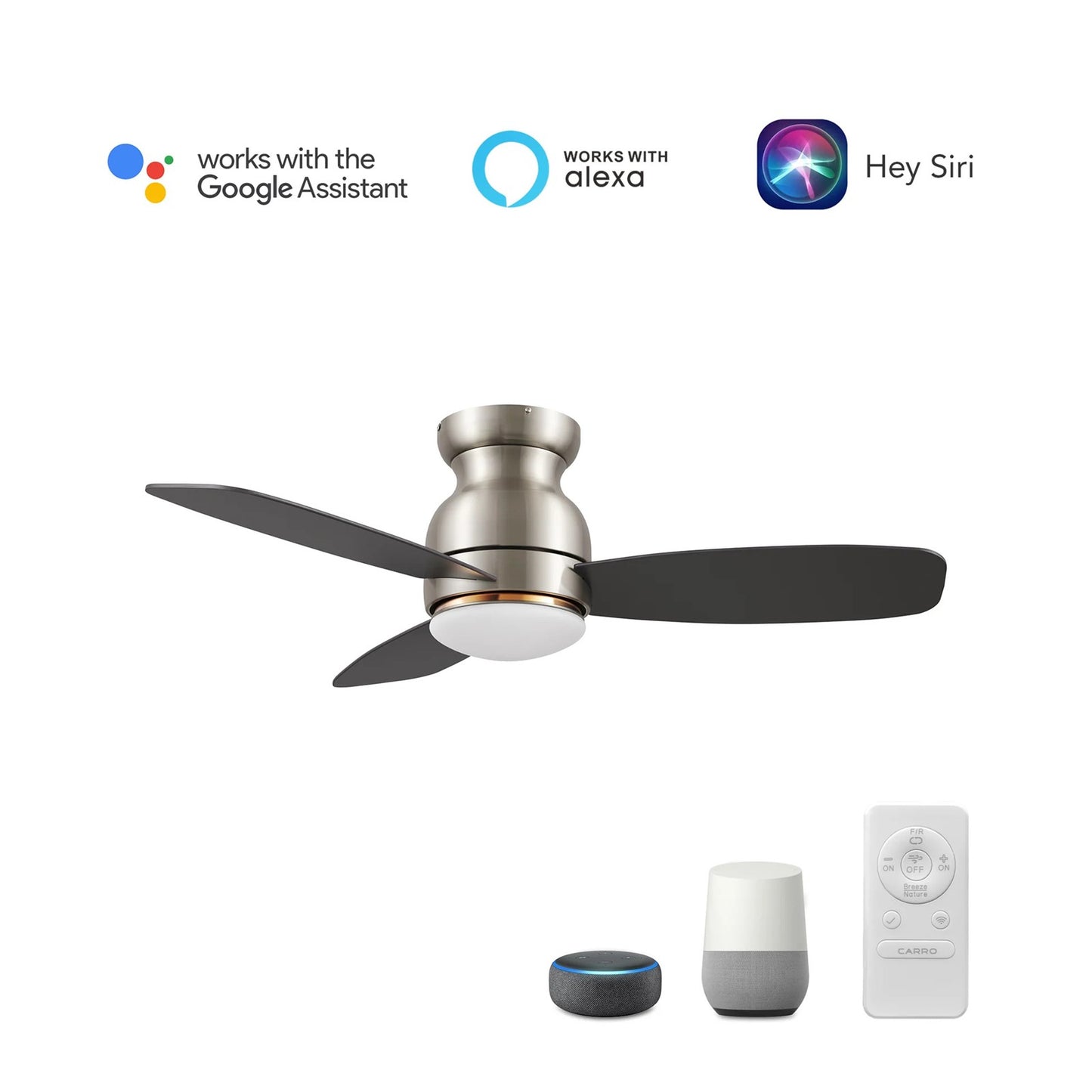 Carro Trento 44in 3-Blade Flush Mount Smart Ceiling Fan | Brushed Nickel Motor and White Plywood Blades | Living Room & | Model SFR443Q-L12-S2-1-FM