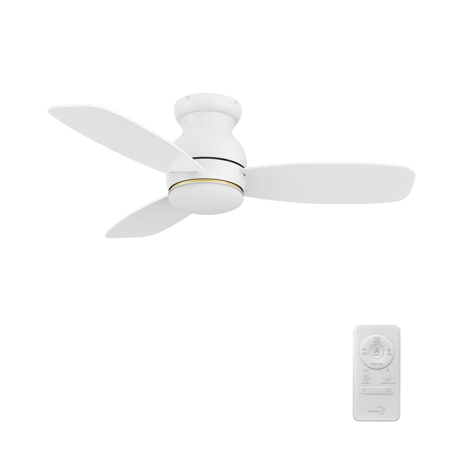 Carro Trento 44in 3-Blade Flush Mount Smart Ceiling Fan | White Motor and White Plywood Blades | Living Room & Covered Patio | Model SFR443Q-L12-W1-1-FM