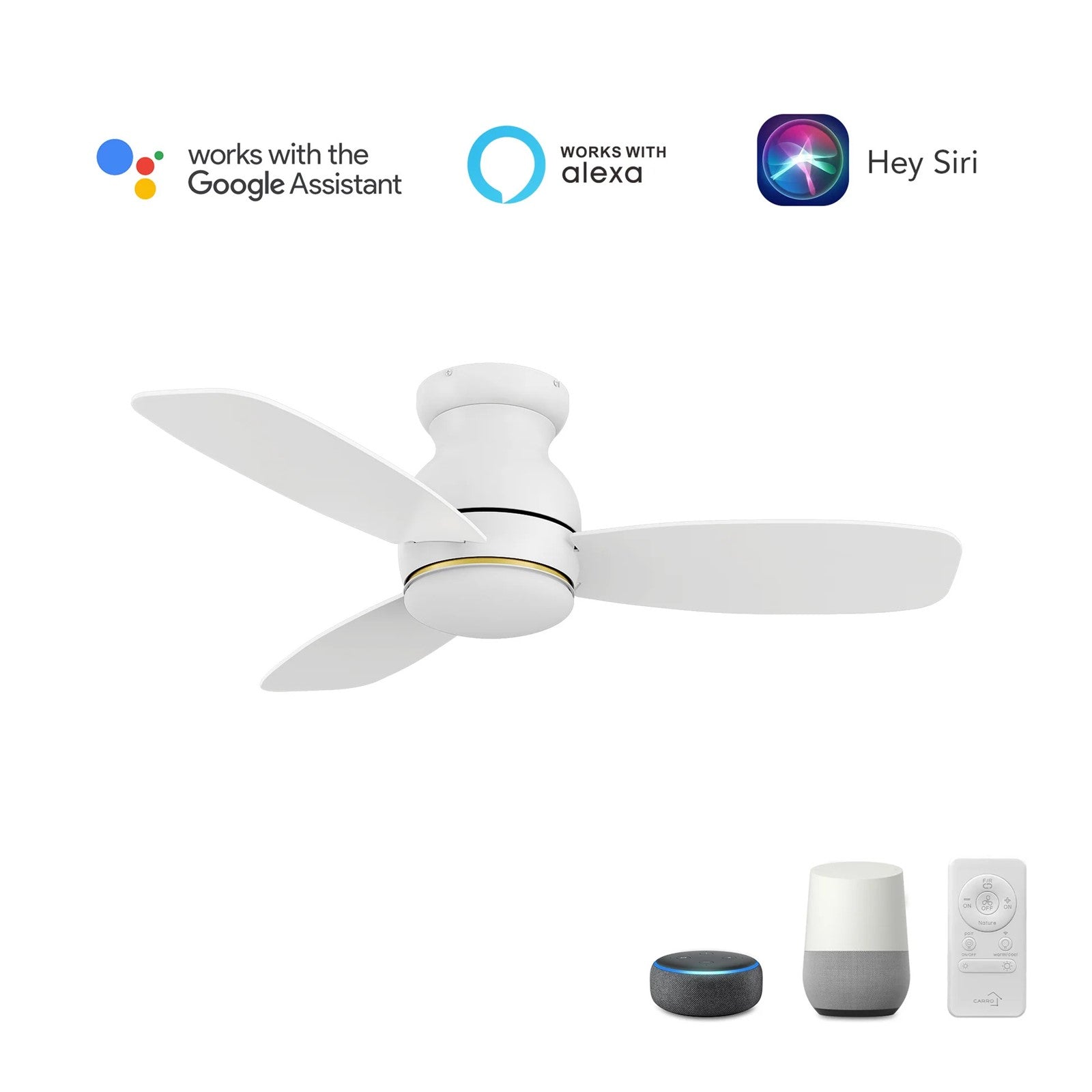 Carro Trento 44in 3-Blade Flush Mount Smart Ceiling Fan | White Motor and White Plywood Blades | Living Room & Covered Patio | Model SFR443Q-L12-W1-1-FM