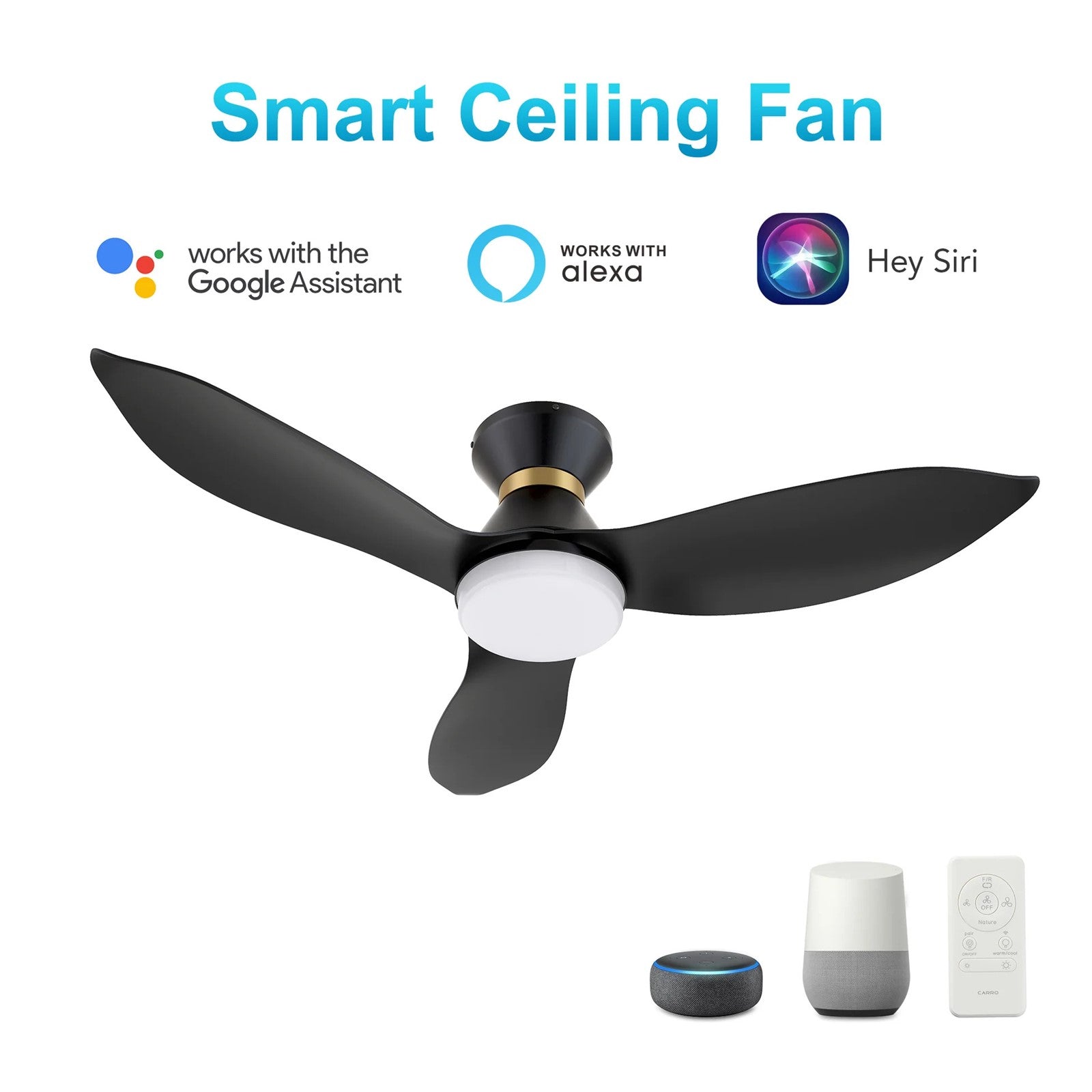 Carro Ryatt 45in 3-Blade Flush Smart Ceiling Fan | Modern Black Gold ABS and Integrated LED | Indoor Bedroom & Living Room | Model SFR453V-L12-B2-1-FMA