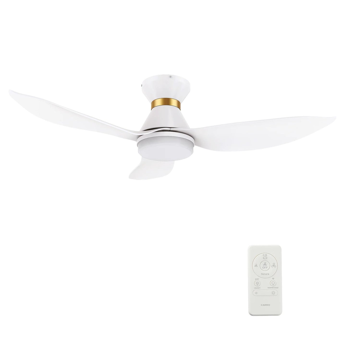 Carro Ryatt 45in 3-Blade Flush Mount Smart Ceiling Fan with LED | Modern White Gold ABS | Small Bedroom & Office | 45 x 45 x | Model SFR453V-L12-W1-1-FMA