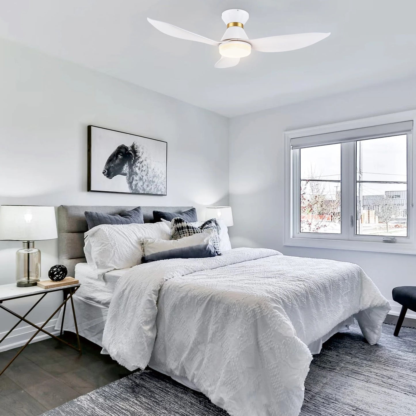 Carro Ryatt 45in 3-Blade Flush Mount Smart Ceiling Fan with LED | Modern White Gold ABS | Small Bedroom & Office | 45 x 45 x | Model SFR453V-L12-W1-1-FMA