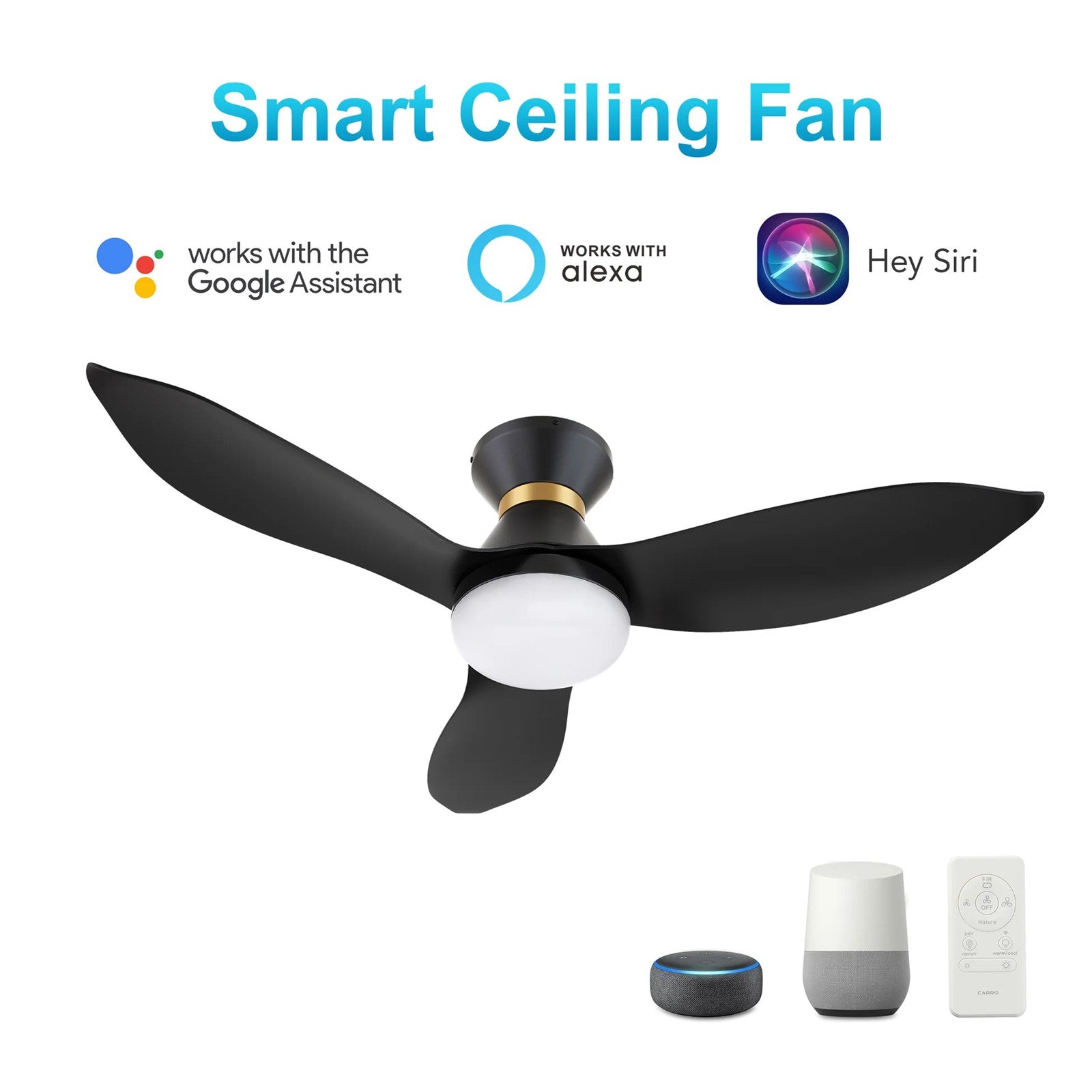 Carro Ryatt 45in 3-Blade Flush Mount Smart Ceiling Fan with LED | Modern Black Gold ABS | Small Bedroom & Office | 45 x 45 x | Model SFR453V-L22-B2-1-FMA
