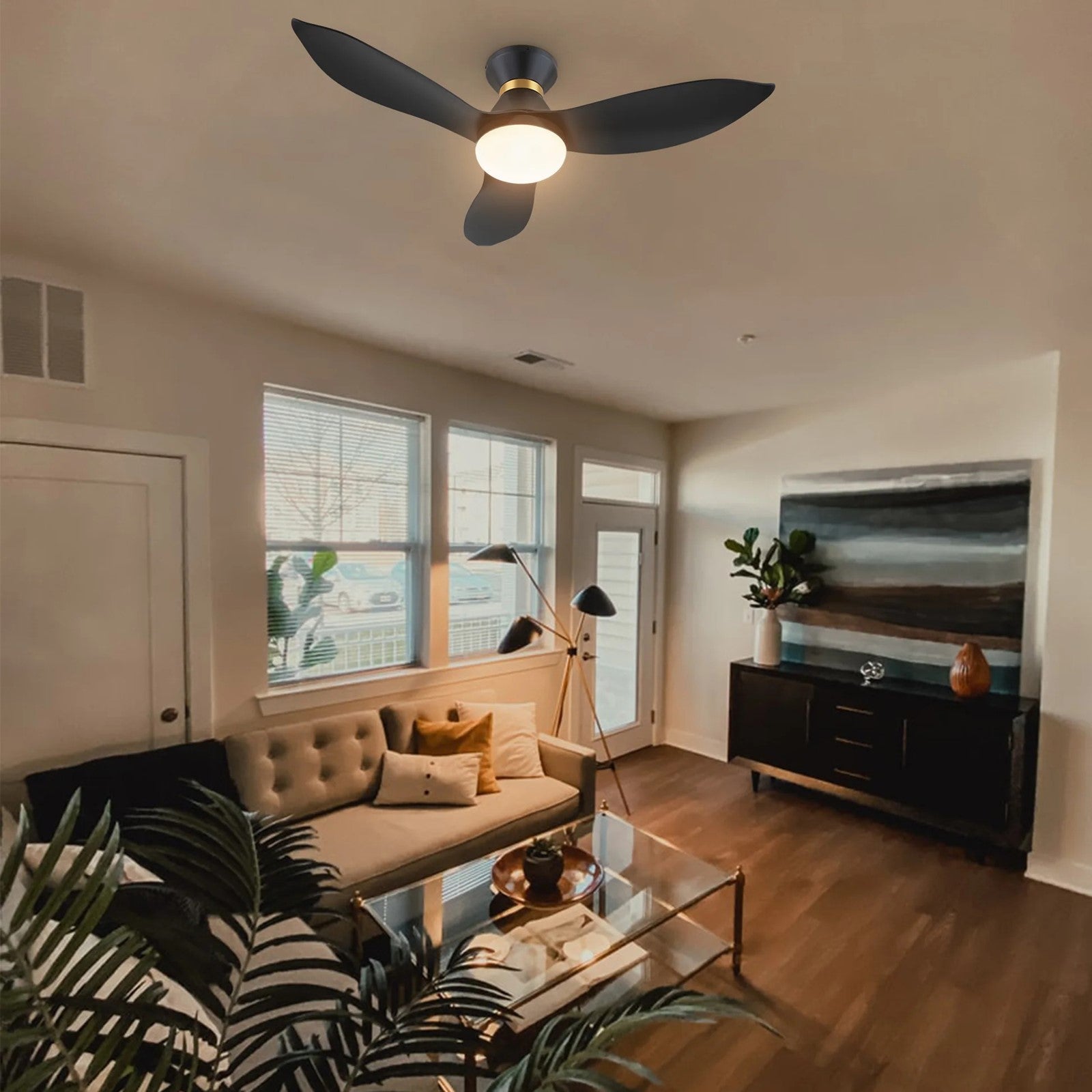 Carro Ryatt 45in 3-Blade Flush Mount Smart Ceiling Fan with LED | Modern Black Gold ABS | Small Bedroom & Office | 45 x 45 x | Model SFR453V-L22-B2-1-FMA