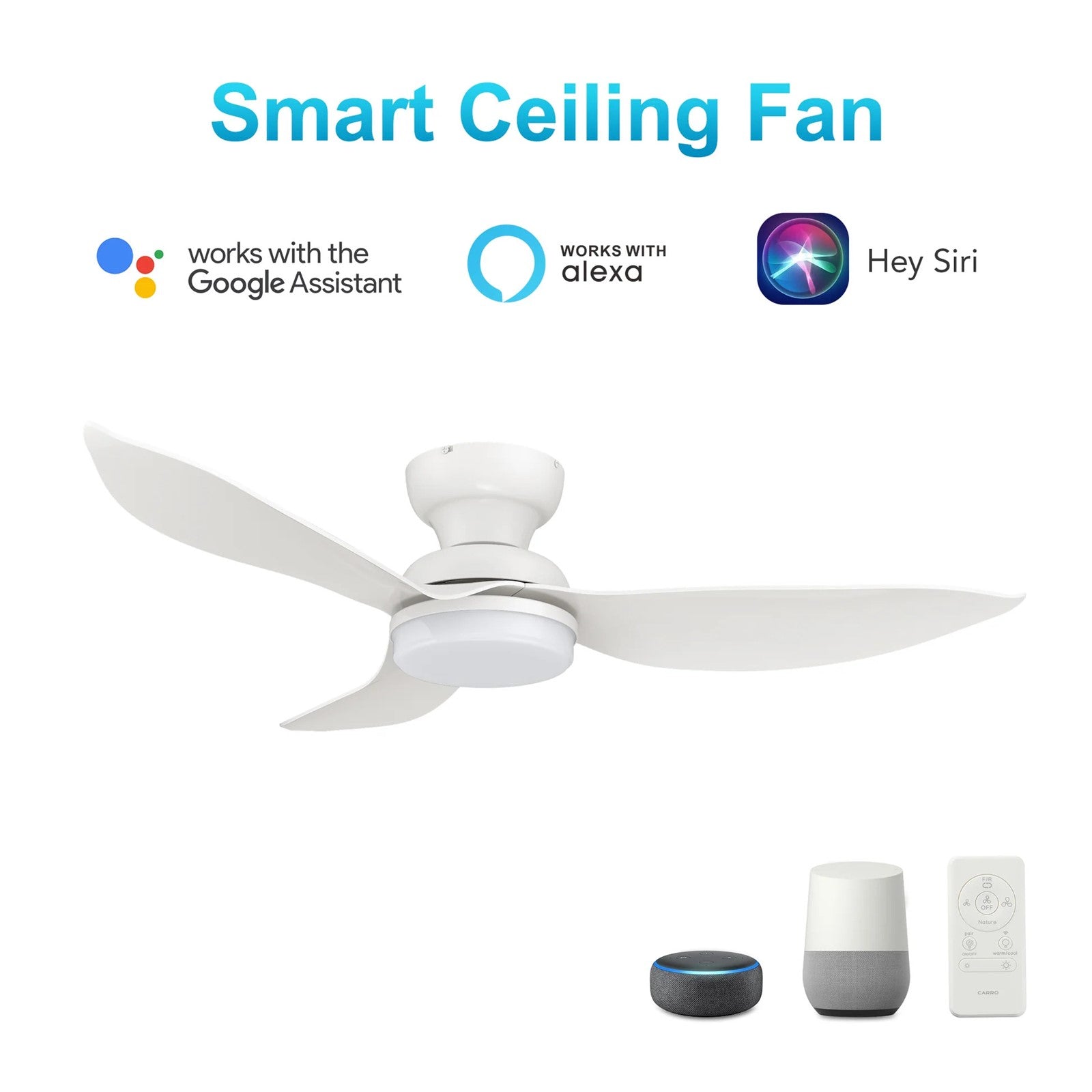Carro Upton 45in 3-Blade Flush Smart Ceiling Fan | Modern White ABS and Integrated LED | Indoor Living Room & Bedroom | 9.2 x | Model SFR453V1-L12-W1-1-FM