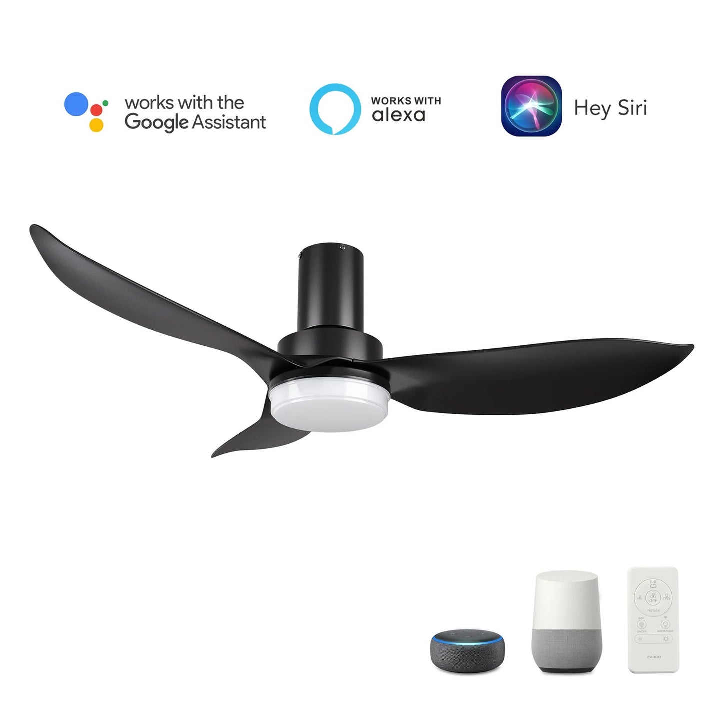 Carro Ryna 45in 3-Blade Flush Smart Ceiling Fan | Modern Black ABS and Integrated LED | Indoor Living Room & Bedroom | 11.2 x | Model SFR453V2-L12-B2-1-FM