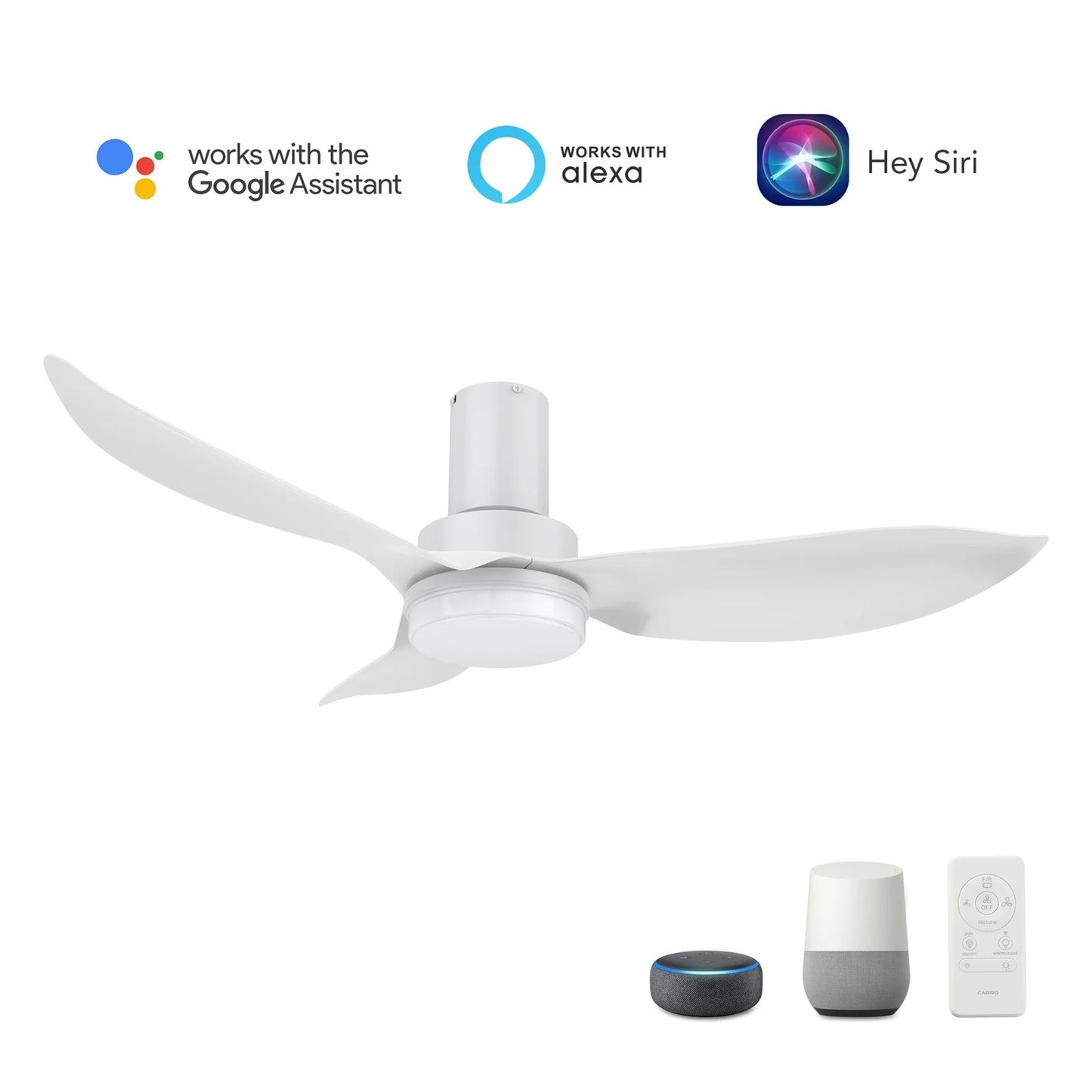 Carro Ryna 45in 3-Blade Flush Smart Ceiling Fan | Modern White ABS and Integrated LED | Indoor Living Room & Bedroom | 11.2 x | Model SFR453V2-L12-W1-1-FM