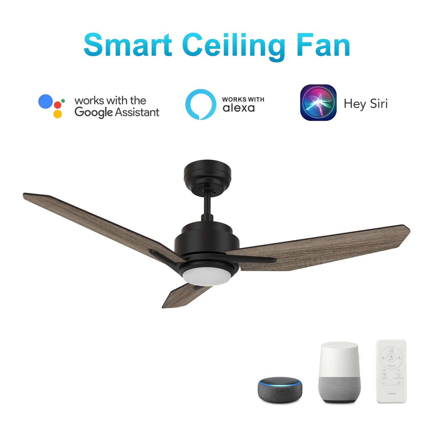 Carro Calen 48in 3-Blade Smart Ceiling Fan | Modern Black Barnwood Plywood and Integrated LED | Living Room & Covered Patio | Model SFR483J3-L11-BS-1