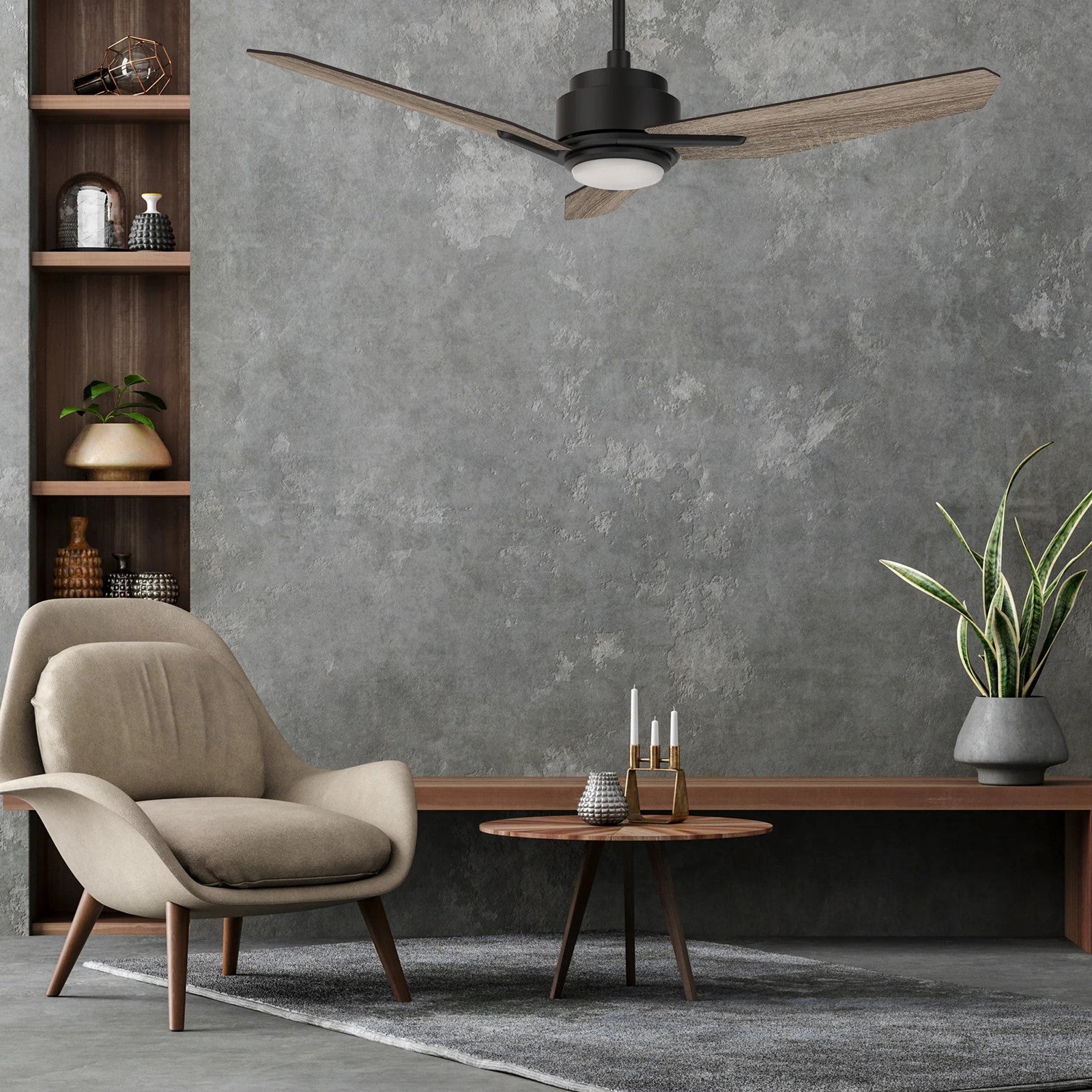 Carro Calen 48in 3-Blade Smart Ceiling Fan | Modern Black Barnwood Plywood and Integrated LED | Living Room & Covered Patio | Model SFR483J3-L11-BS-1