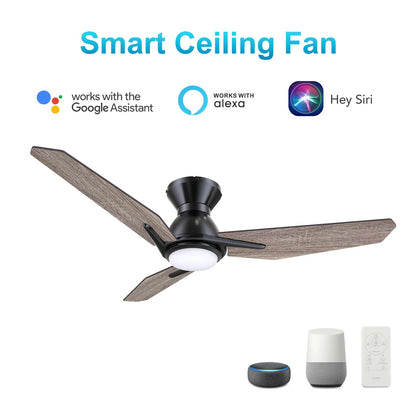 Carro Calen 48in 3-Blade Flush Mount Smart Ceiling Fan | Modern Black Barnwood Plywood and Integrated LED | Living Room & | Model SFR483J3-L11-BS-1-FM