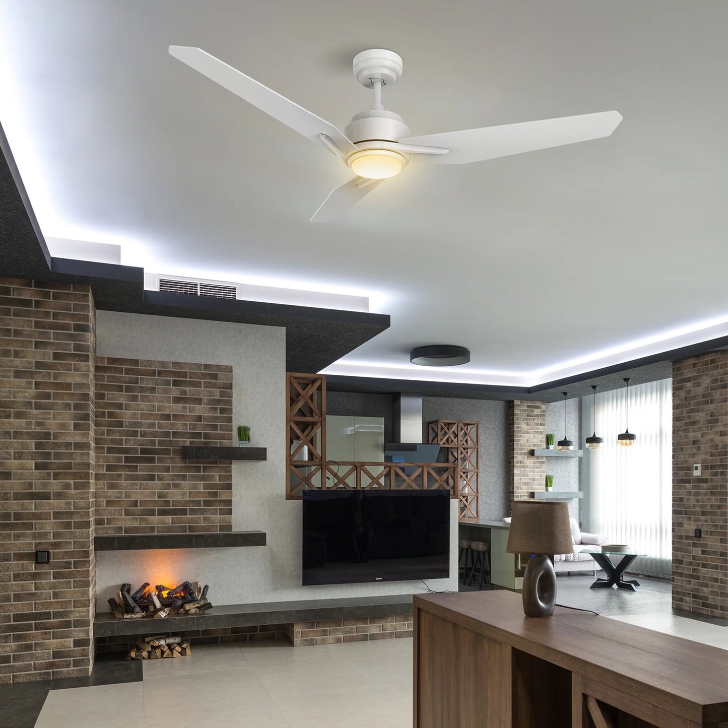 Carro Calen 48in 3-Blade Smart Ceiling Fan | Modern White Plywood and Integrated LED | Living Room & Covered Patio | 13.2 x 48 x | Model SFR483J3-L11-W1-1