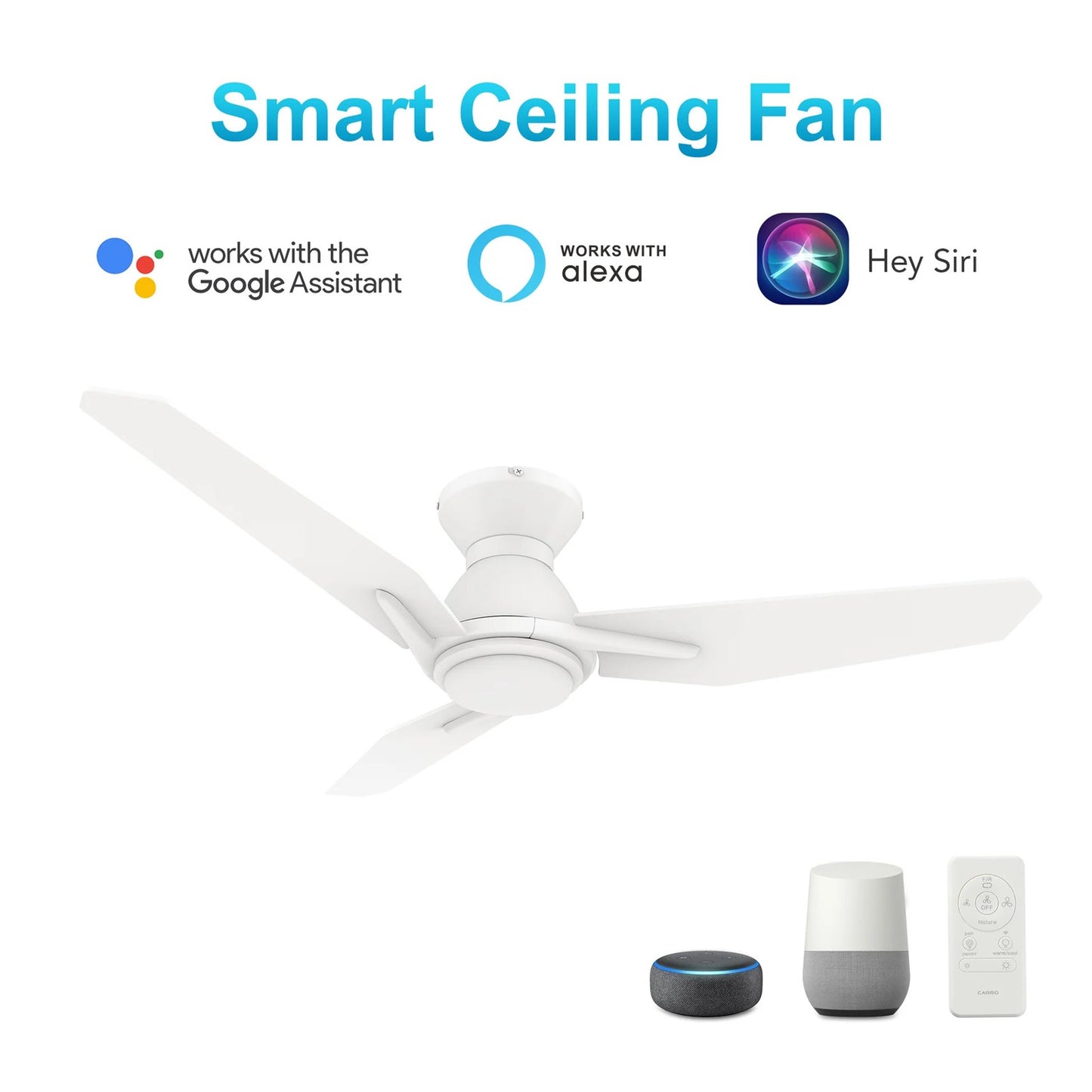 Carro Calen 48in 3-Blade Flush Mount Smart Ceiling Fan | Modern White Plywood and Integrated LED | Living Room & Covered | Model SFR483J3-L11-W1-1-FM