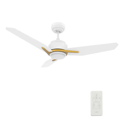 Carro Calen 48in 3-Blade Smart Ceiling Fan | Modern White Gold and Plywood | Living Room & Covered Patio | 48 x 48 x 13.2 in | Model SFR483J3-L11-W1-1G
