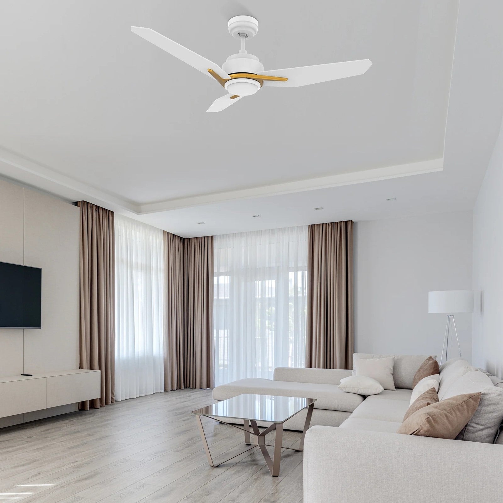 Carro Calen 48in 3-Blade Smart Ceiling Fan | Modern White Gold and Plywood | Living Room & Covered Patio | 48 x 48 x 13.2 in | Model SFR483J3-L11-W1-1G