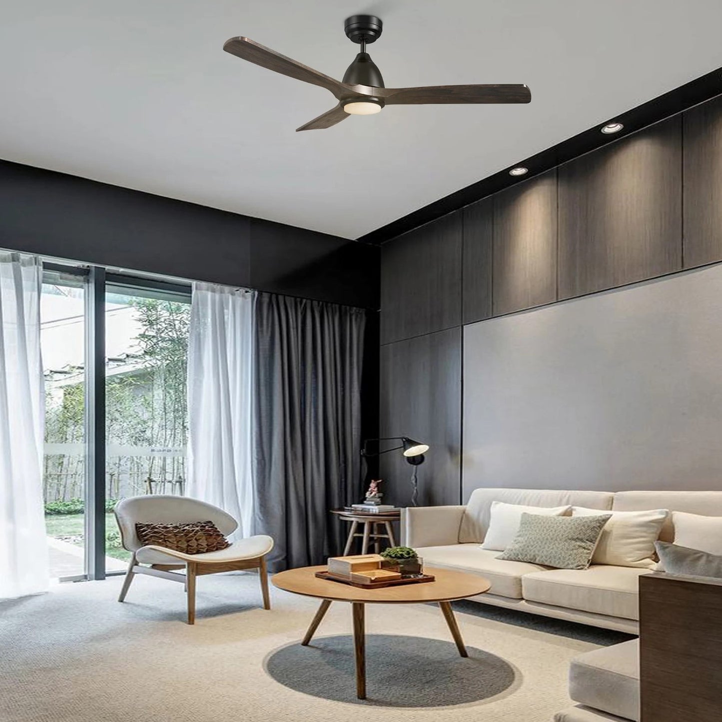 Carro Akron 48in 3-Blade Smart Ceiling Fan | Modern Black and Solid Wood | Living Room & Covered Patio | 48 x 48 x 14.4 in | Model SFR483N3-L11-BM3-1