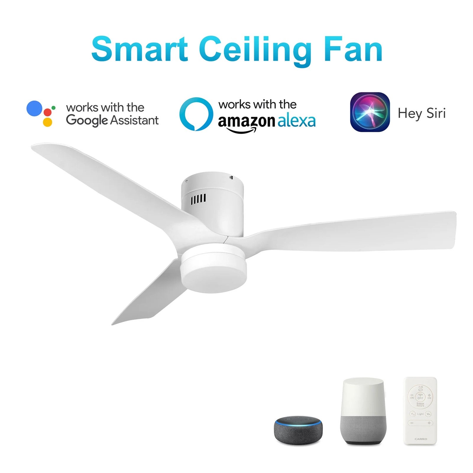 Carro Spezia 48in 3-Blade Flush Smart Ceiling Fan | White Glass Fiber Reinforced Polypropylene | Living Room & Covered Patio | Model SFR483P-L12-W1-1-FM
