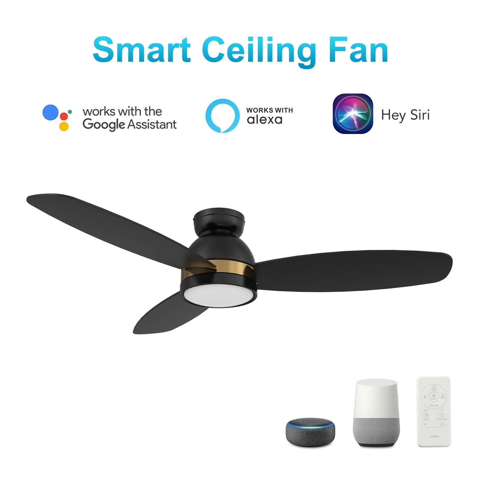 Carro Fremont 48in 3-Blade Flush Smart Ceiling Fan | Black Gold Plywood | Living Room & Covered Patio | 48 x 48 x 11.2 in | Model SFR483Q5-L12-B2-1-FMA