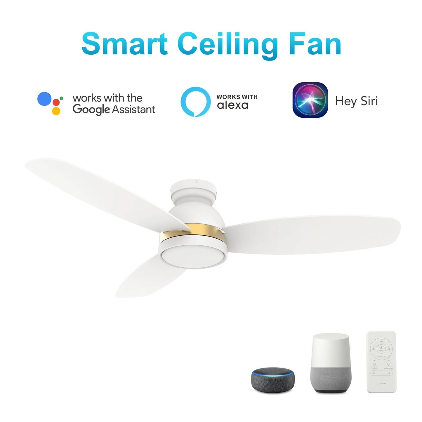 Carro Fremont 48in 3-Blade Smart Ceiling Fan | White Gold Plywood Blades and Integrated LED | Large Living Room & Covered | Model SFR483Q5-L12-W1-1-FMA