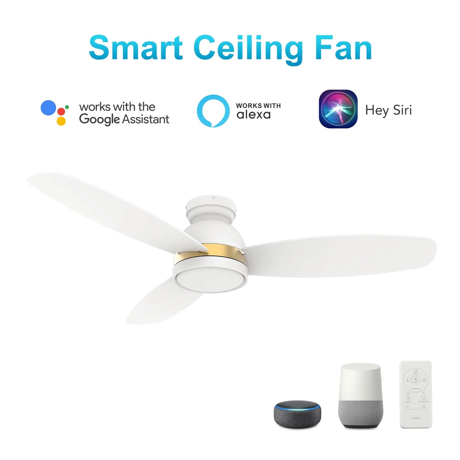 Carro Fremont 48in 3-Blade Smart Ceiling Fan | White Gold Plywood Blades and Integrated LED | Large Living Room & Covered | Model SFR483Q5-L12-W1-1-FMA